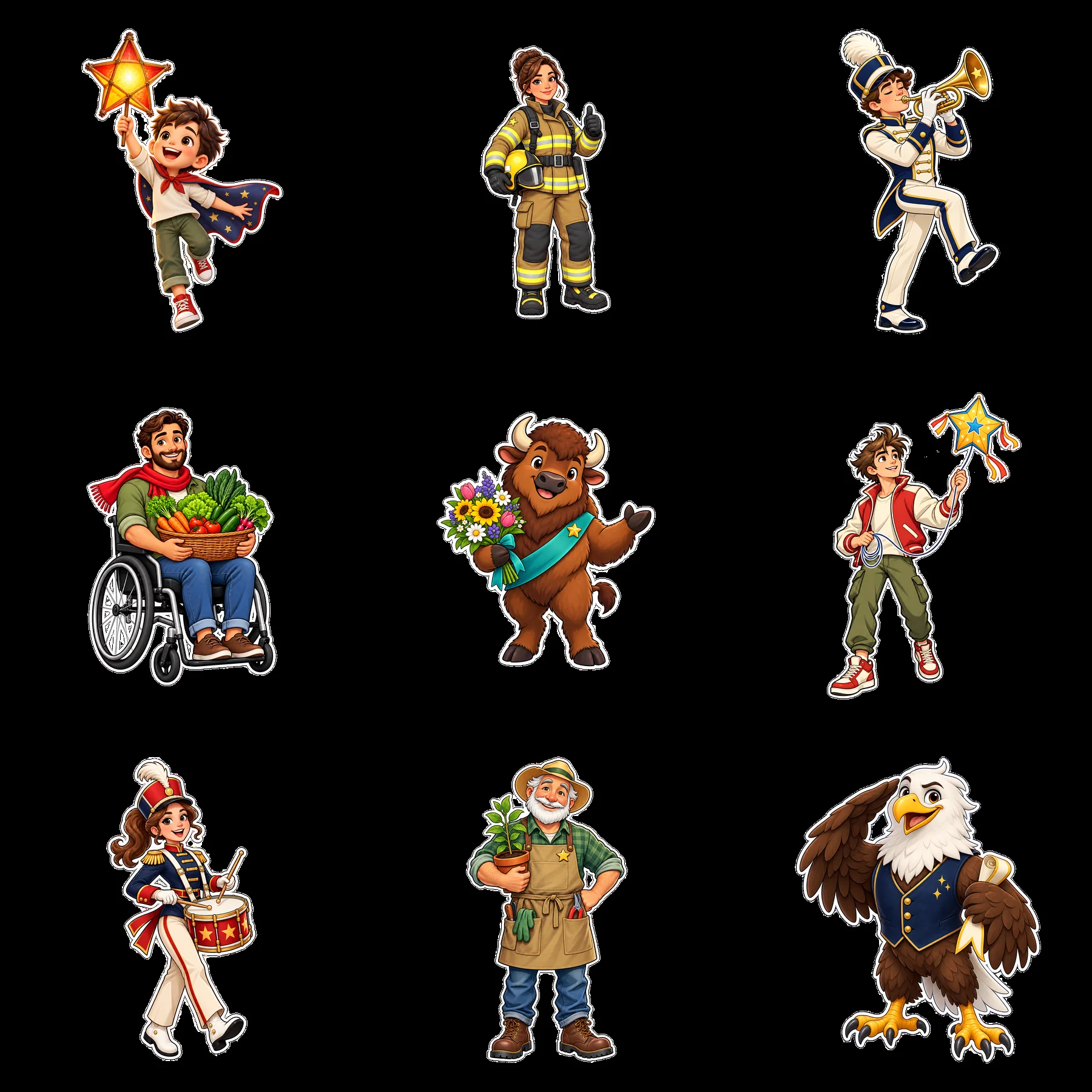Patriotic characters in various professions and roles - AI-generated stock image