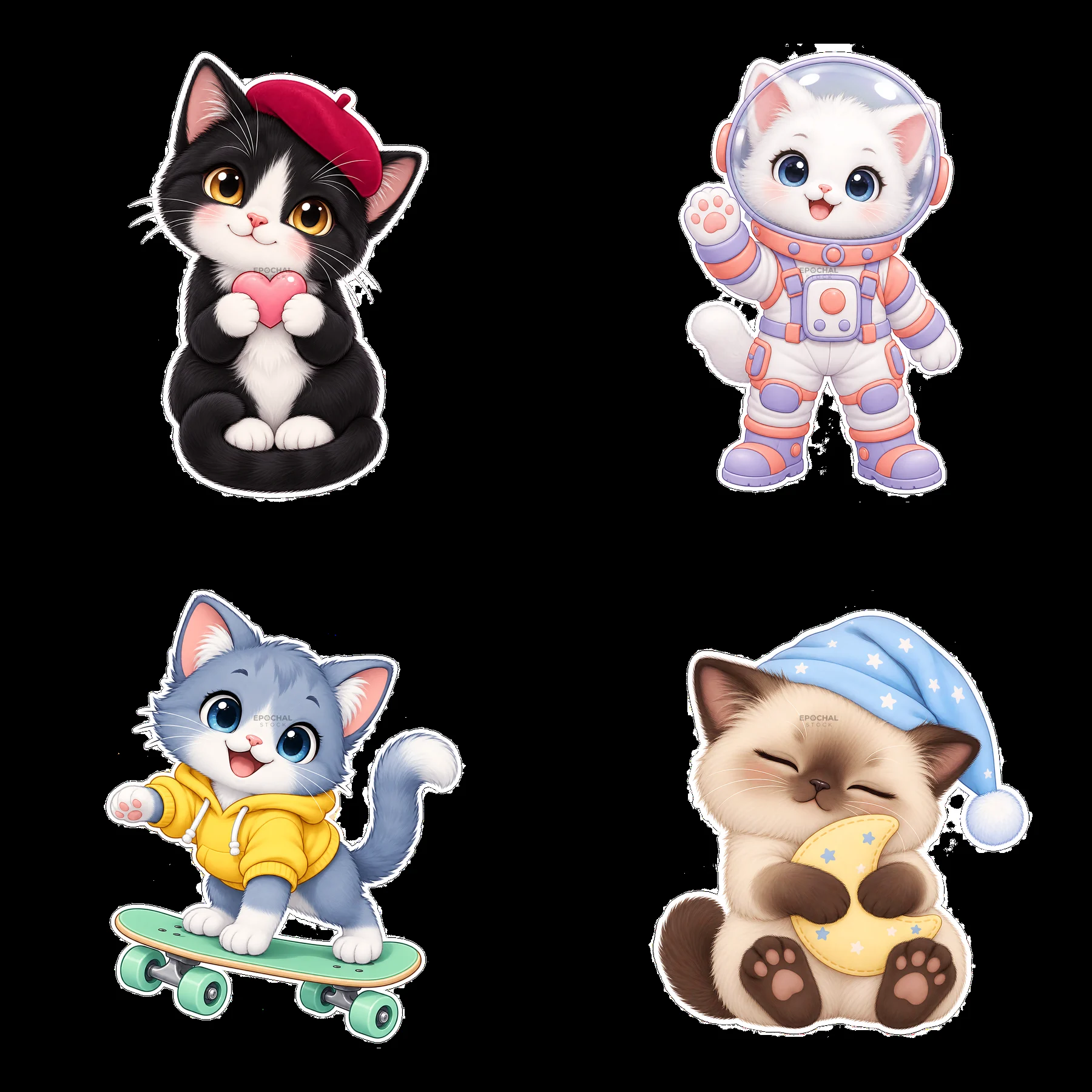 Kawaii cats in playful poses with accessories and fun outfits - AI-generated stock image