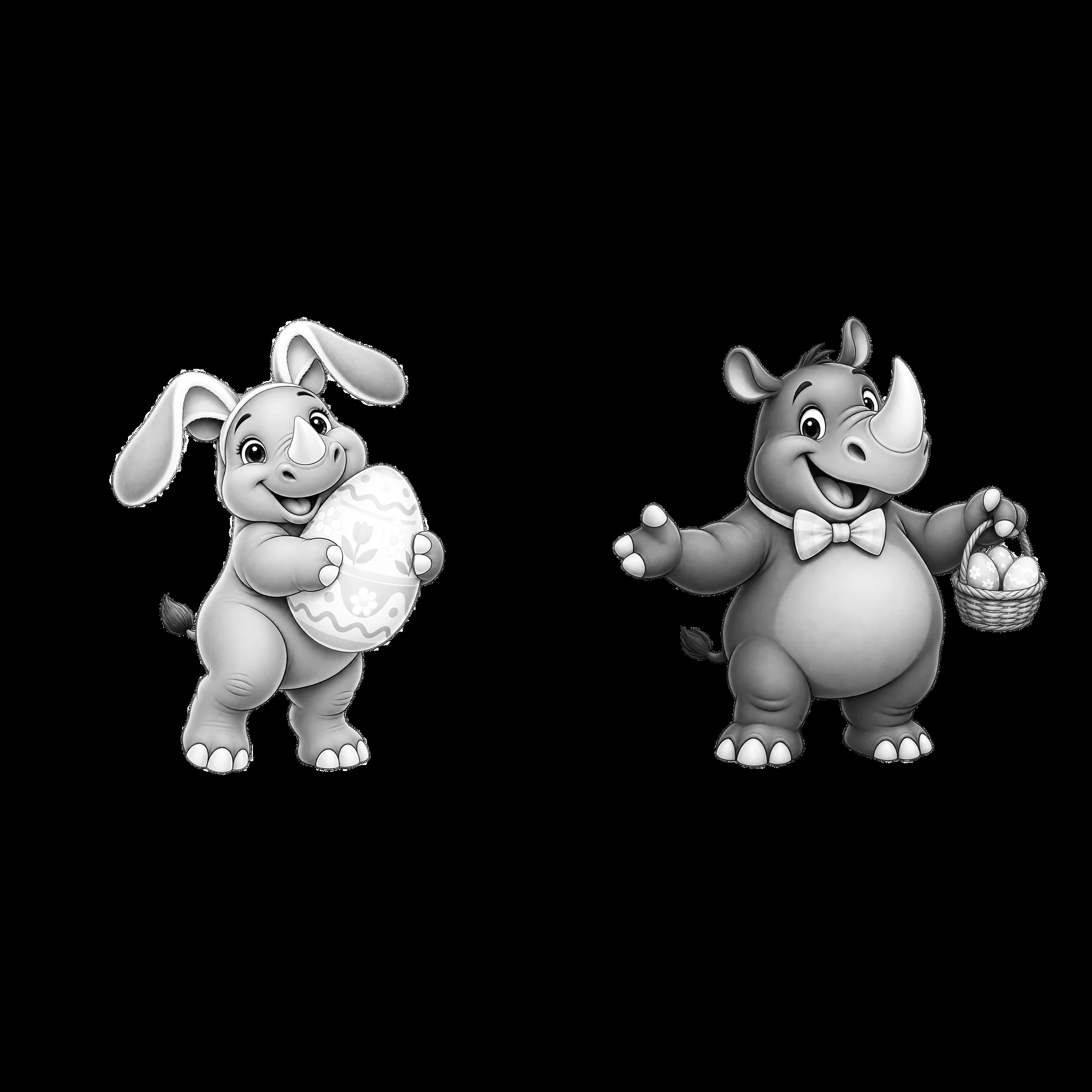 Easter rhinoceros and bunny holding decorative eggs - AI-generated stock image