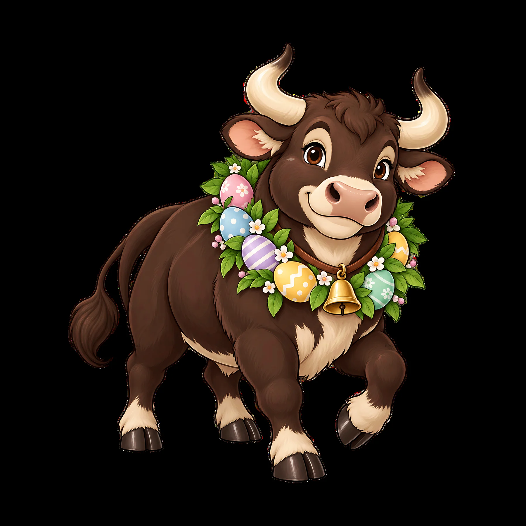Easter ox wearing a flower and egg wreath with a bell - AI-generated stock image