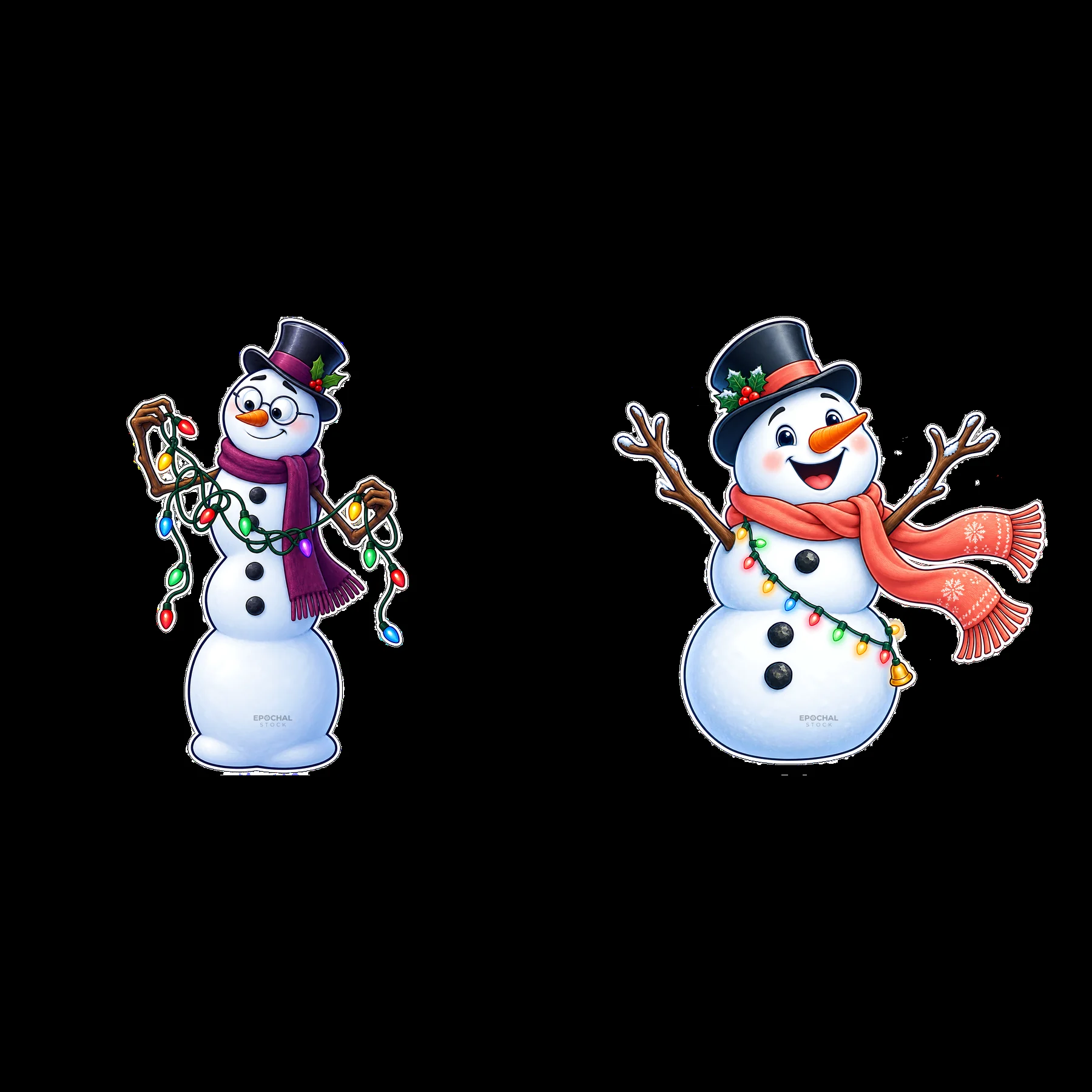 Snowman holding string lights with colorful Christmas decorations - AI-generated stock image