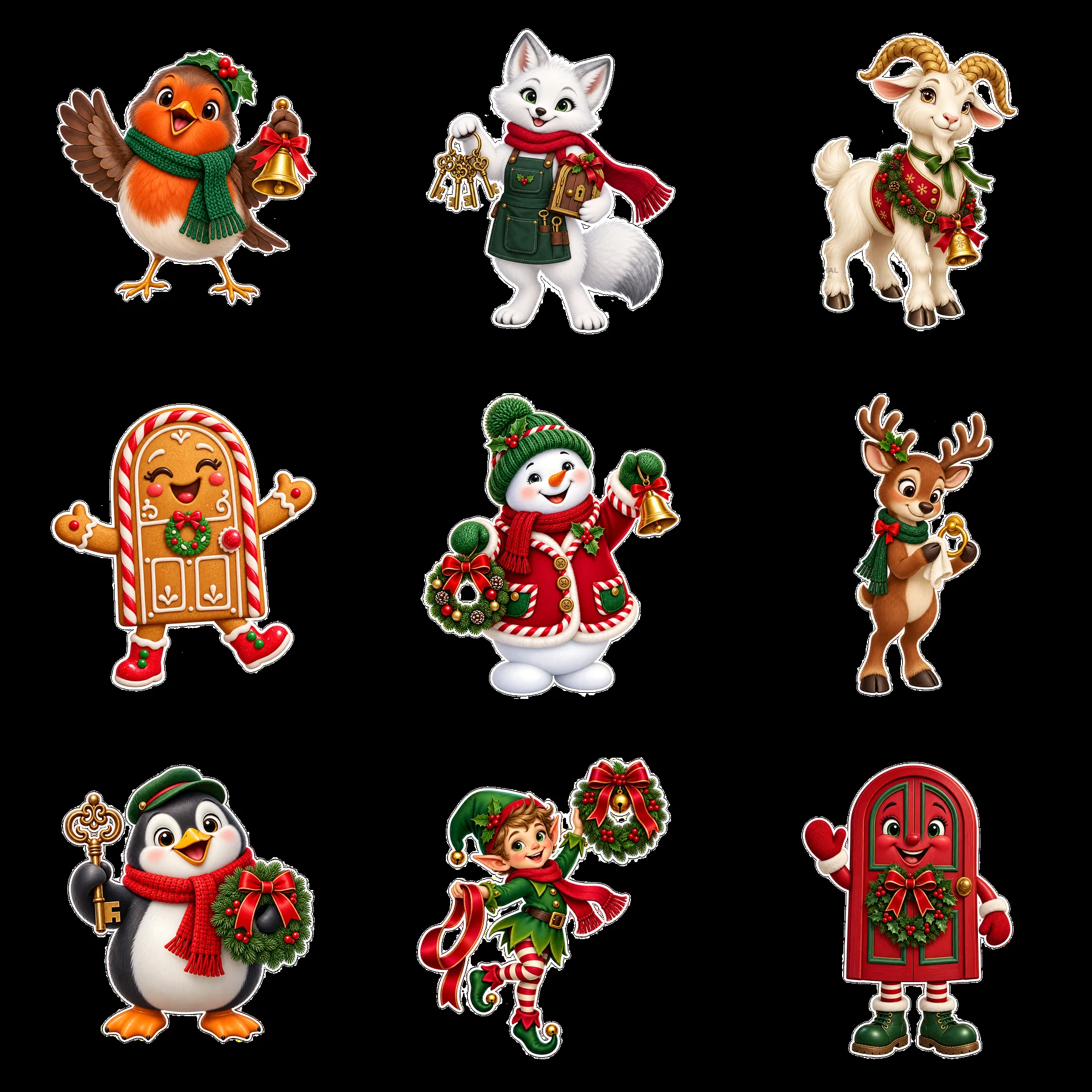 Christmas characters with gifts and decorations in a 3x3 layout - AI-generated stock image