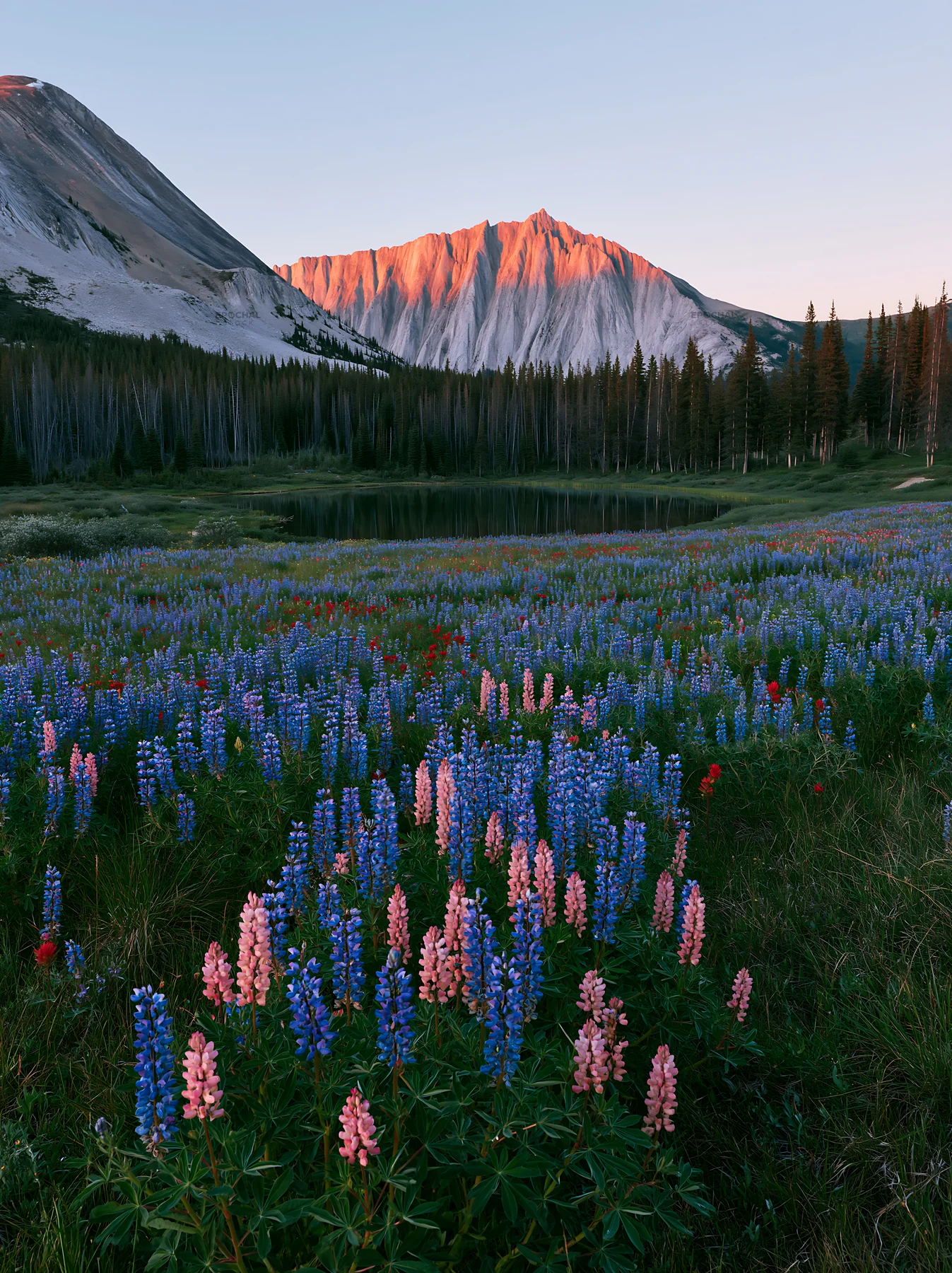 Colorful lupine meadow with mountains during sunset - AI-generated stock image