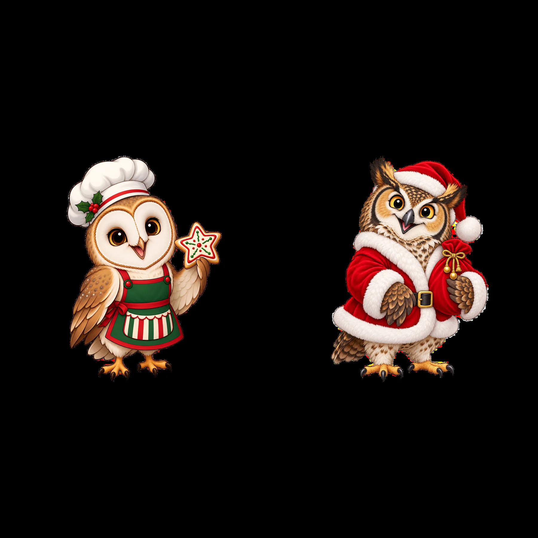 Christmas themed owl characters in festive outfits - AI-generated stock image