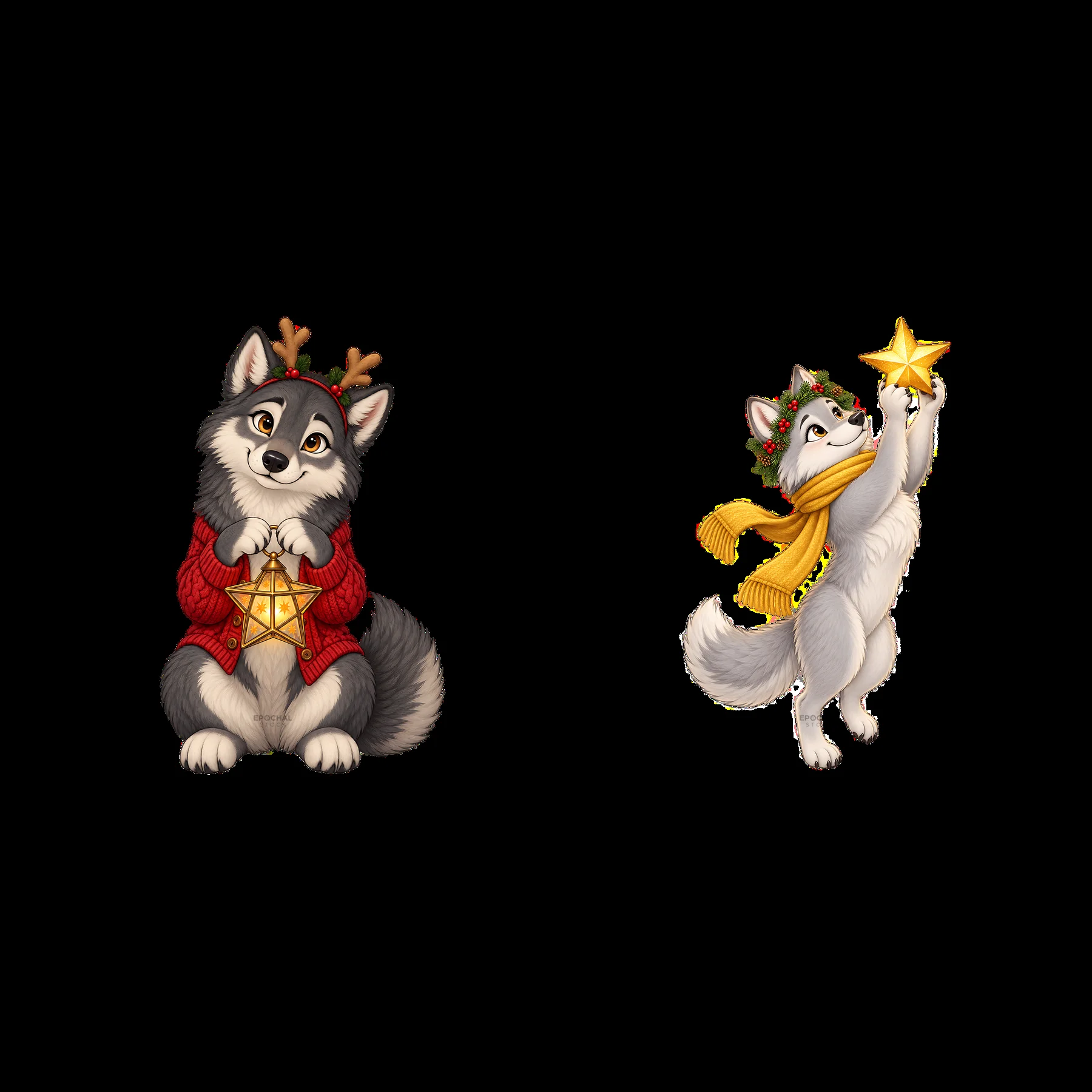 Christmas wolves with gifts in festive attire - AI-generated stock image