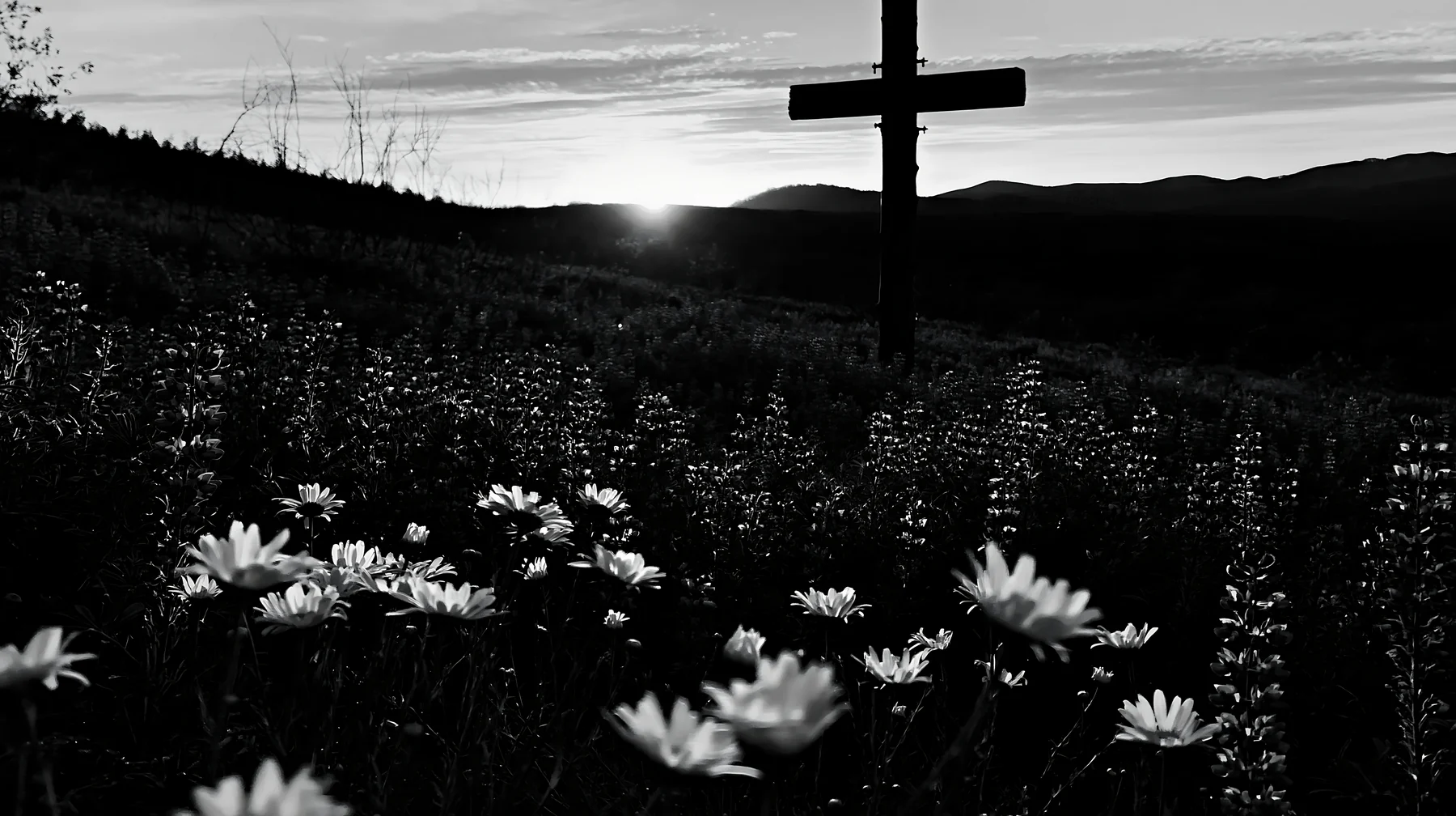 Christian cross in blue hour meadow with flowers - AI-generated stock image