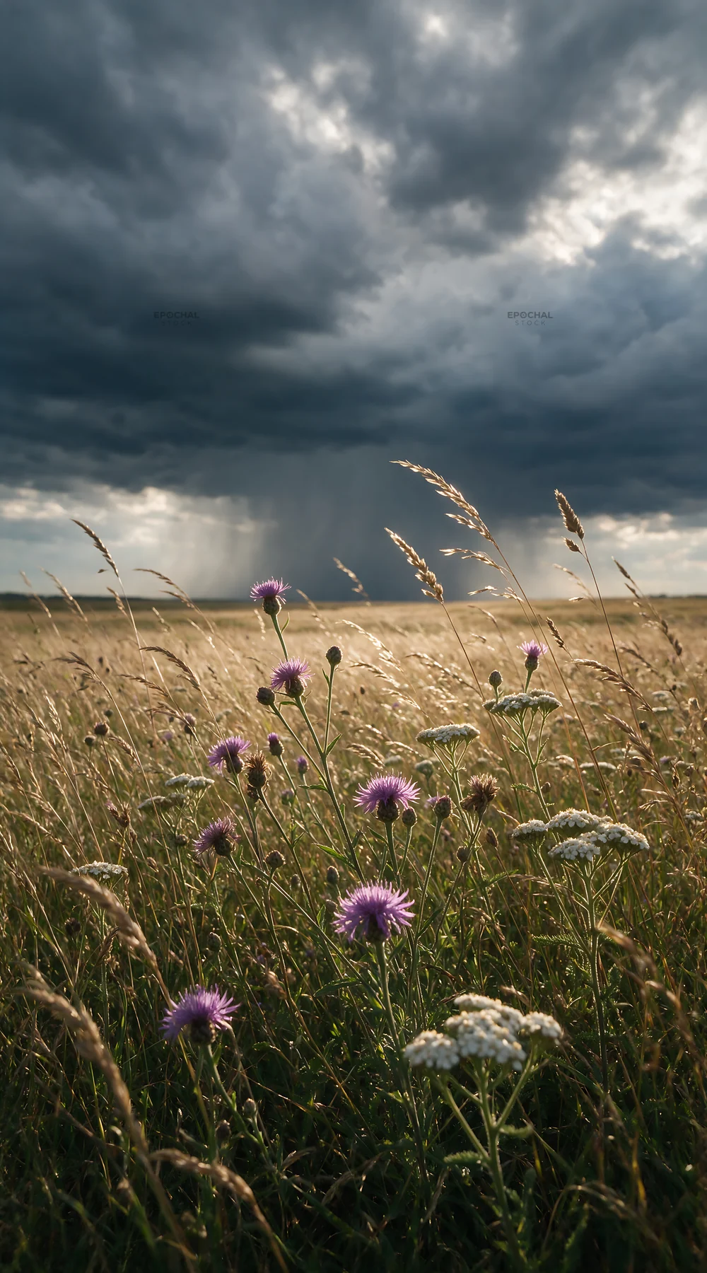 Rewilded meadow with flowers and cloudy sky - AI-generated stock image