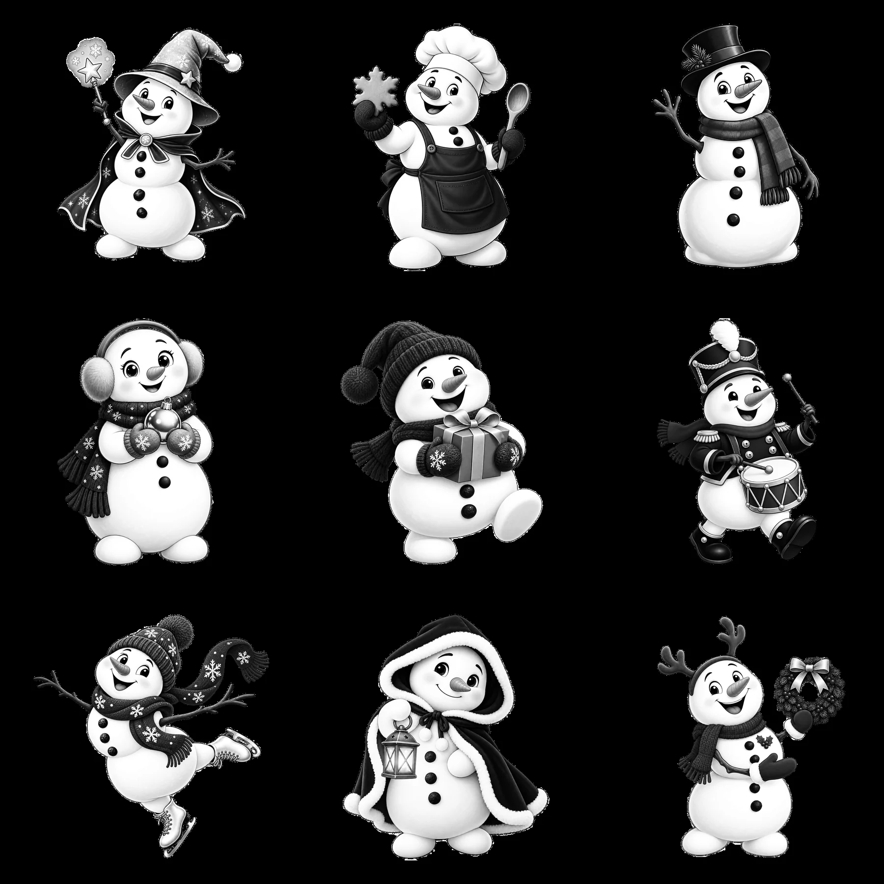 Nine unique snowman characters celebrating Christmas - AI-generated stock image