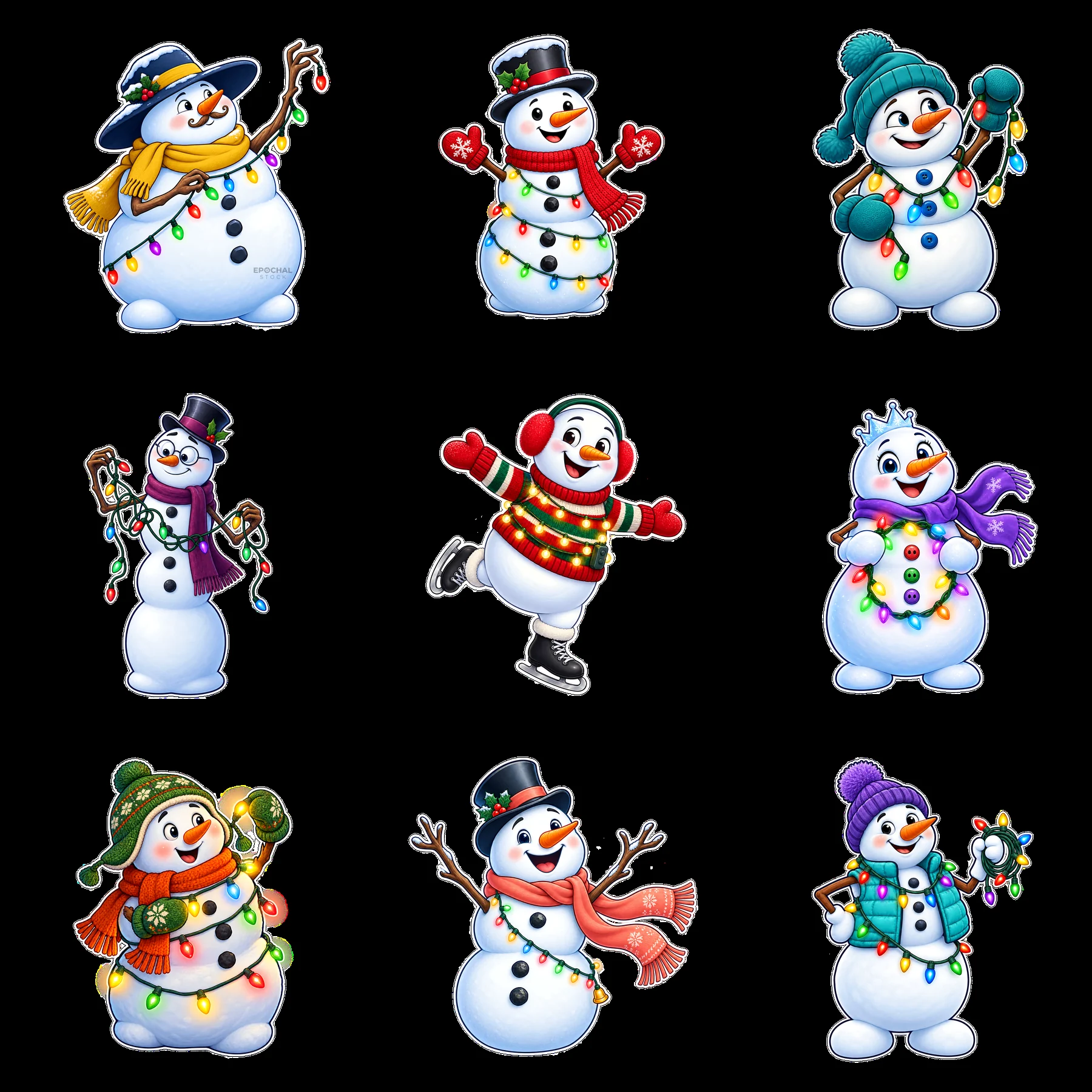 Snowmen wearing accessories and holding string lights in grid layout - AI-generated stock image