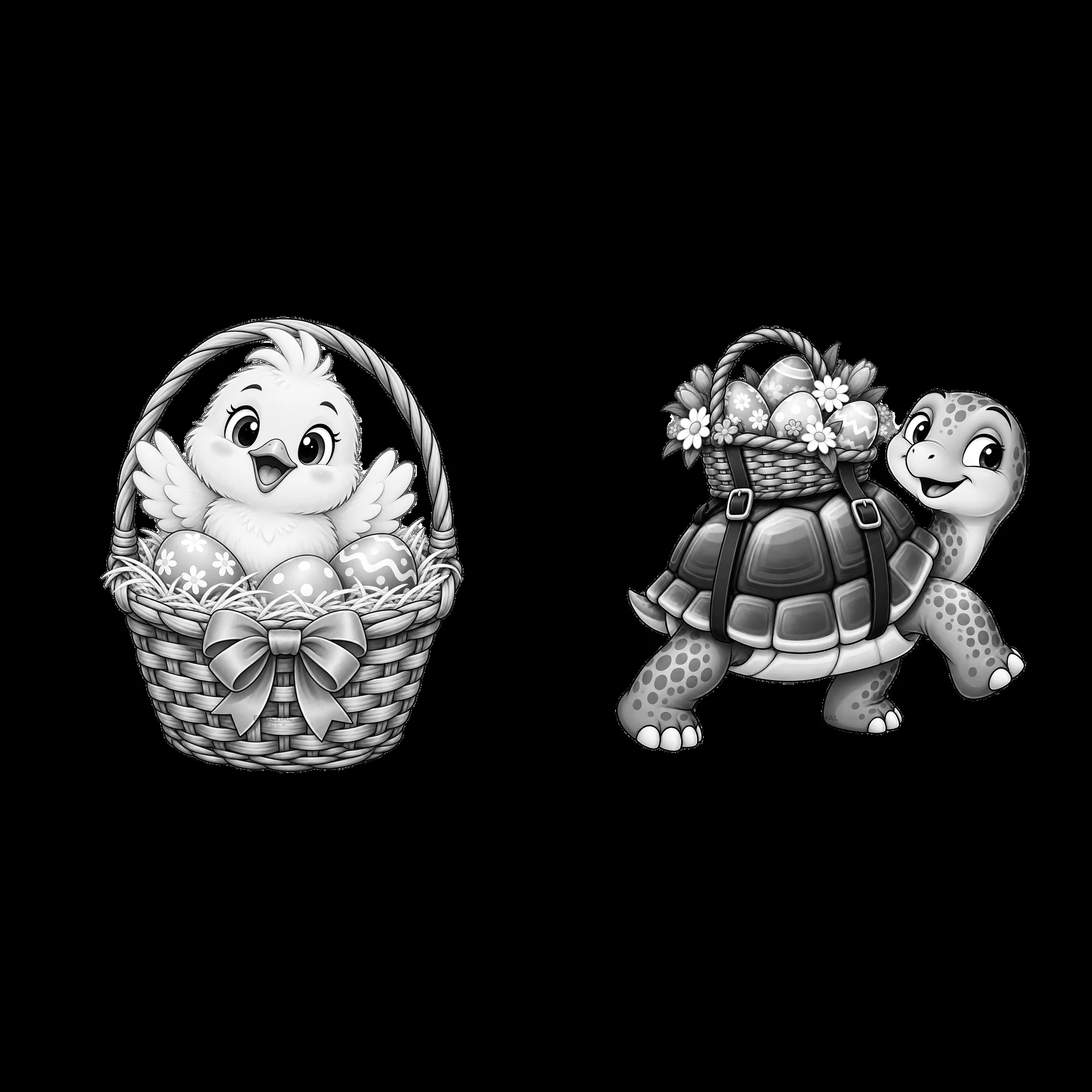 Easter basket with chick and turtle carrying flowers and eggs - AI-generated stock image