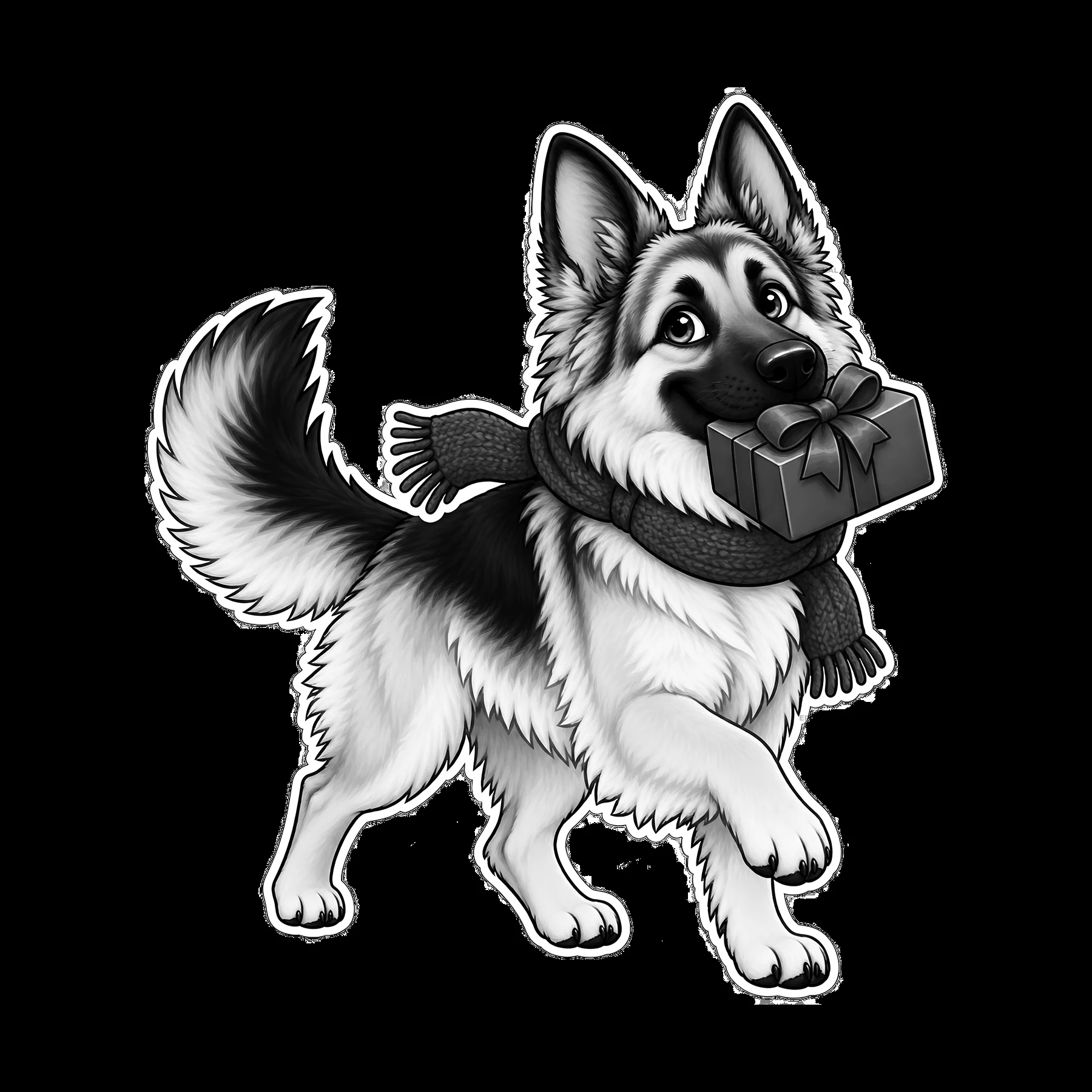 Christmas German Shepherd carrying a gift in a scarf - AI-generated stock image