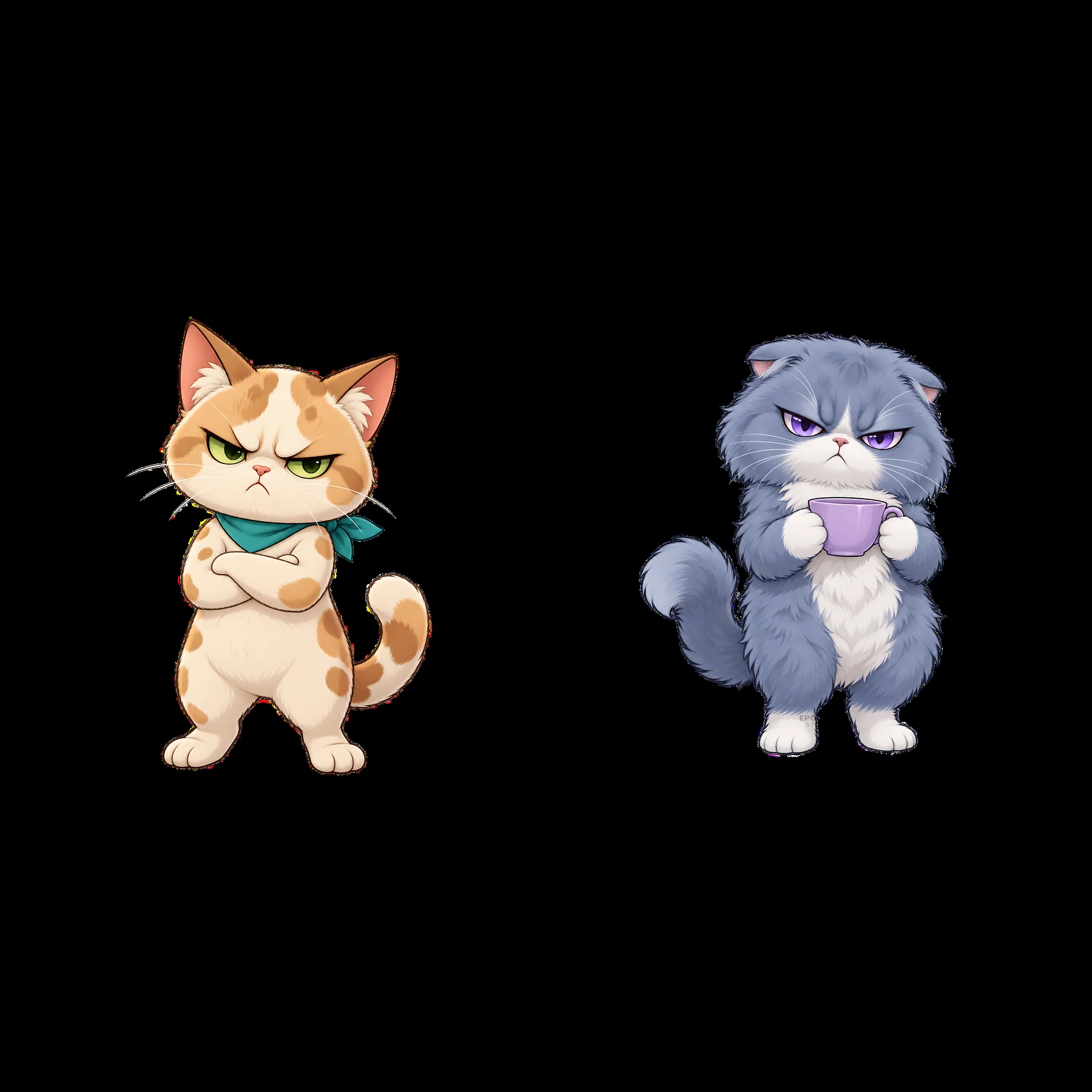 Kawaii grumpy cat stickers with crossed arms and cup - AI-generated stock image