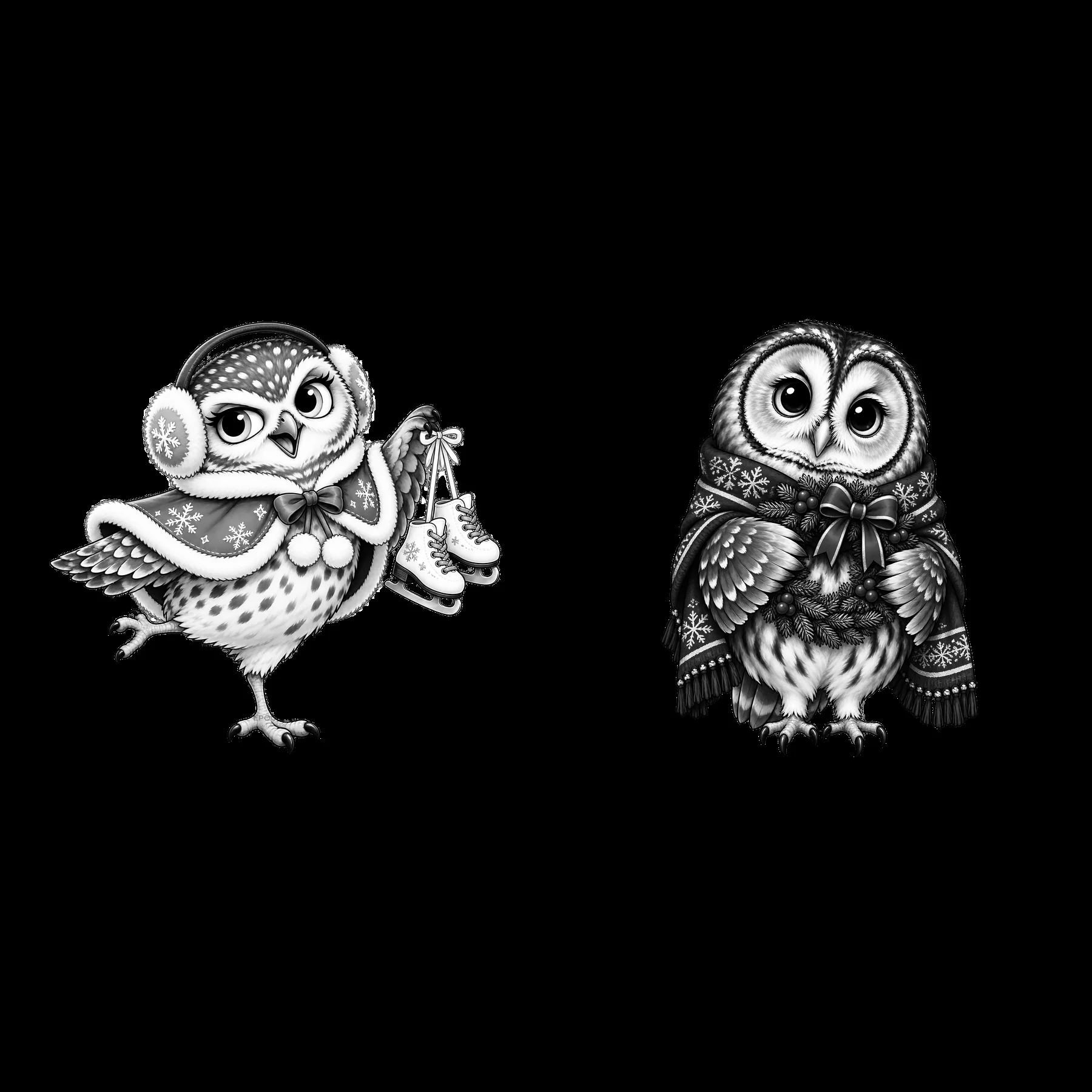 Christmas owls holding skates and wearing scarves - AI-generated stock image