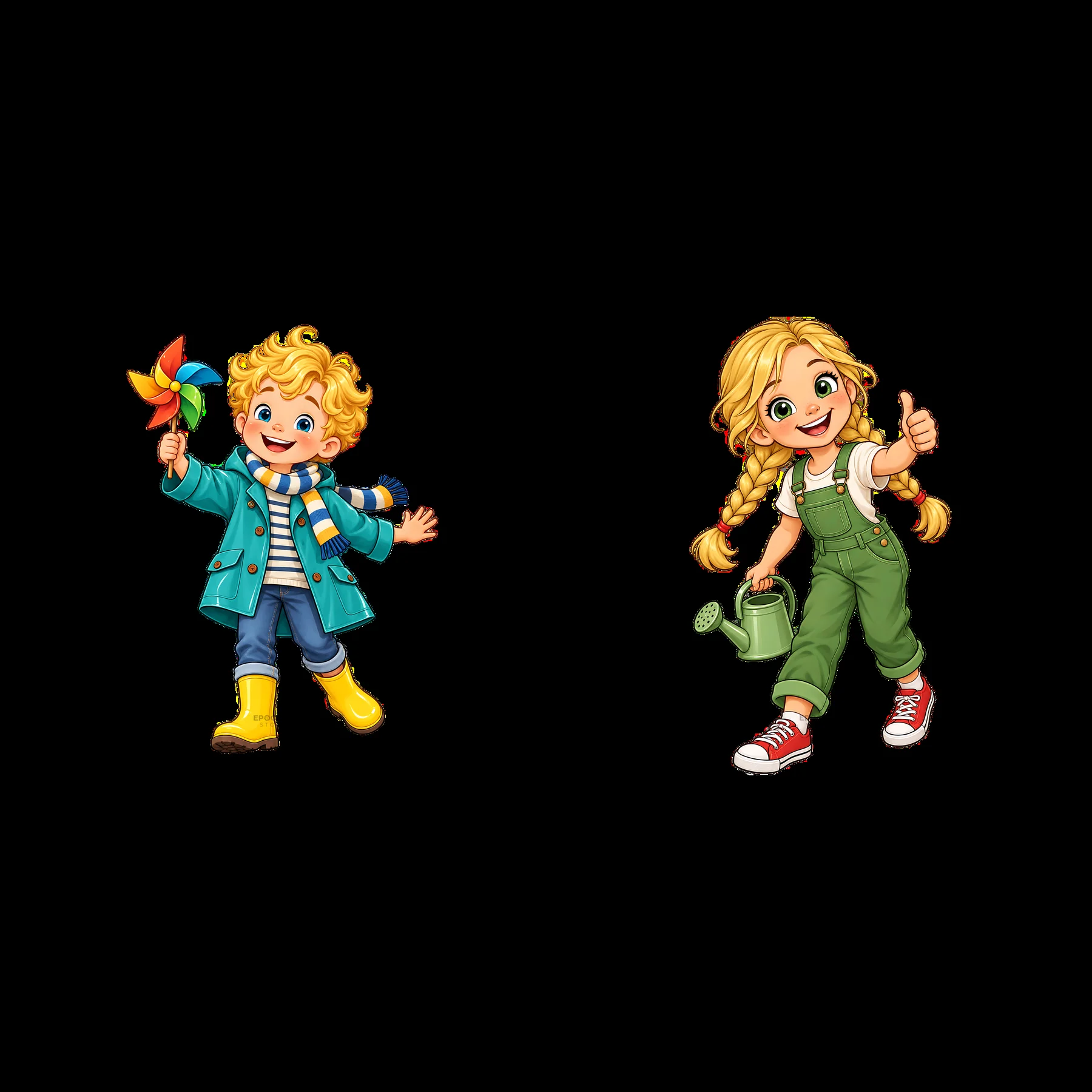 Blond child with pinwheel and girl with watering can in green outfit - AI-generated stock image