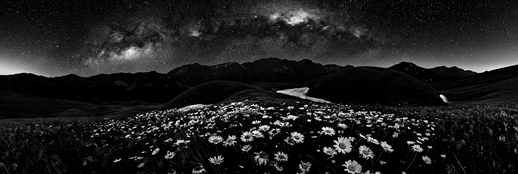 Black and white starlit meadow with flowers under a clear night sky - AI-generated stock image