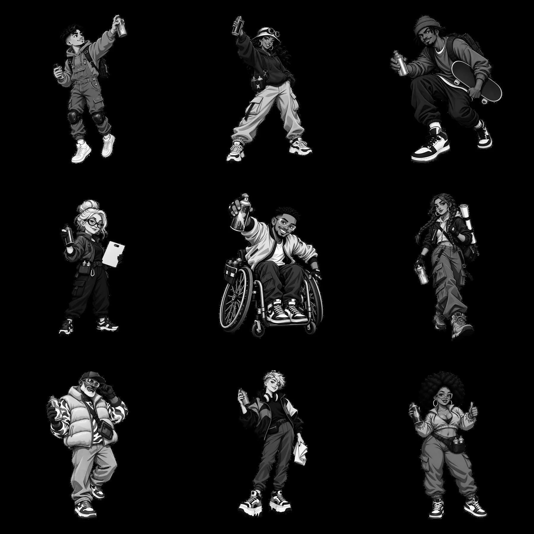 Graffiti artists expressing style in streetwear setting - AI-generated stock image