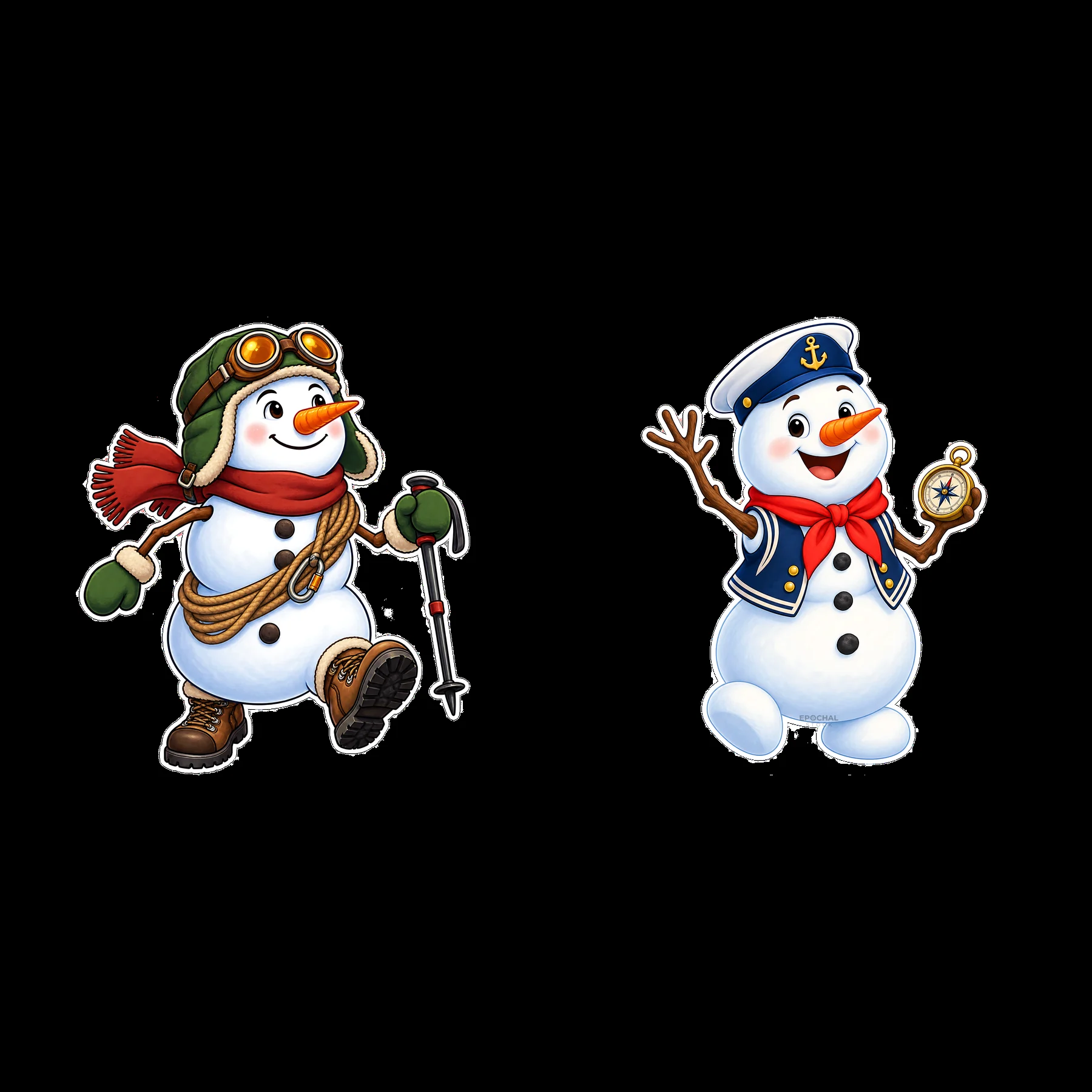Two snowmen are shown in playful poses - AI-generated stock image