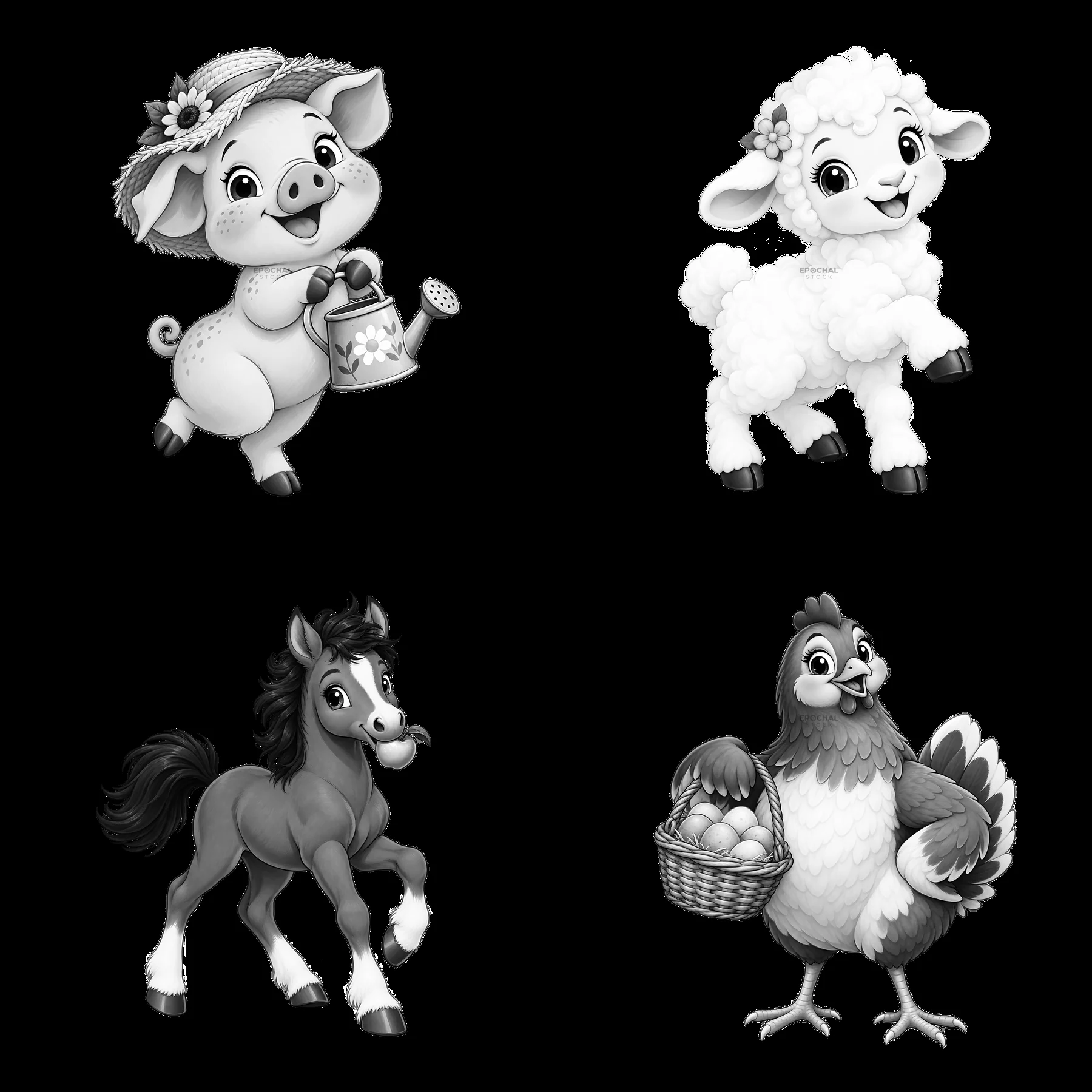 Farm animals in a 2x2 arrangement with cute actions - AI-generated stock image