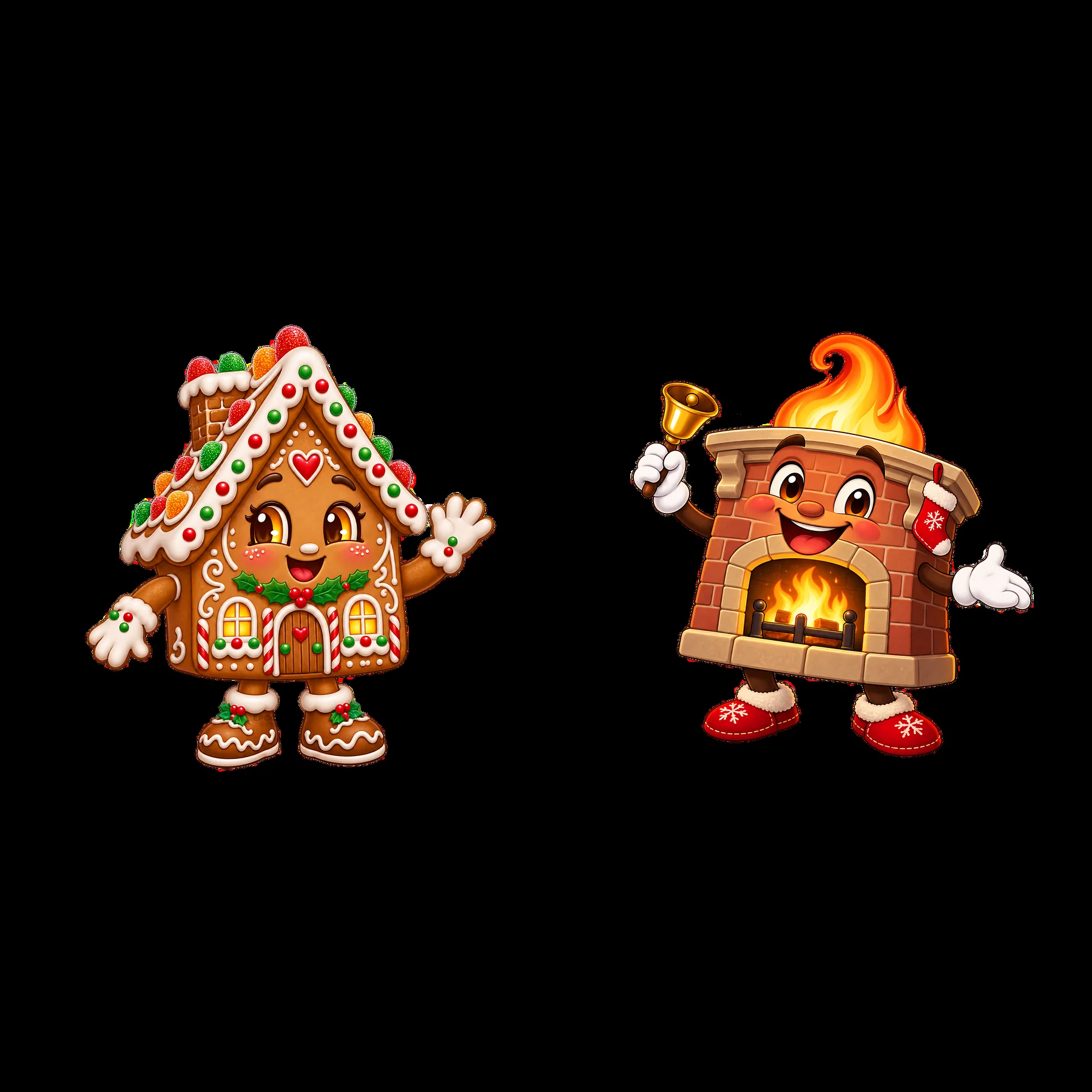 Gingerbread house and chimney with flames for Christmas theme - AI-generated stock image