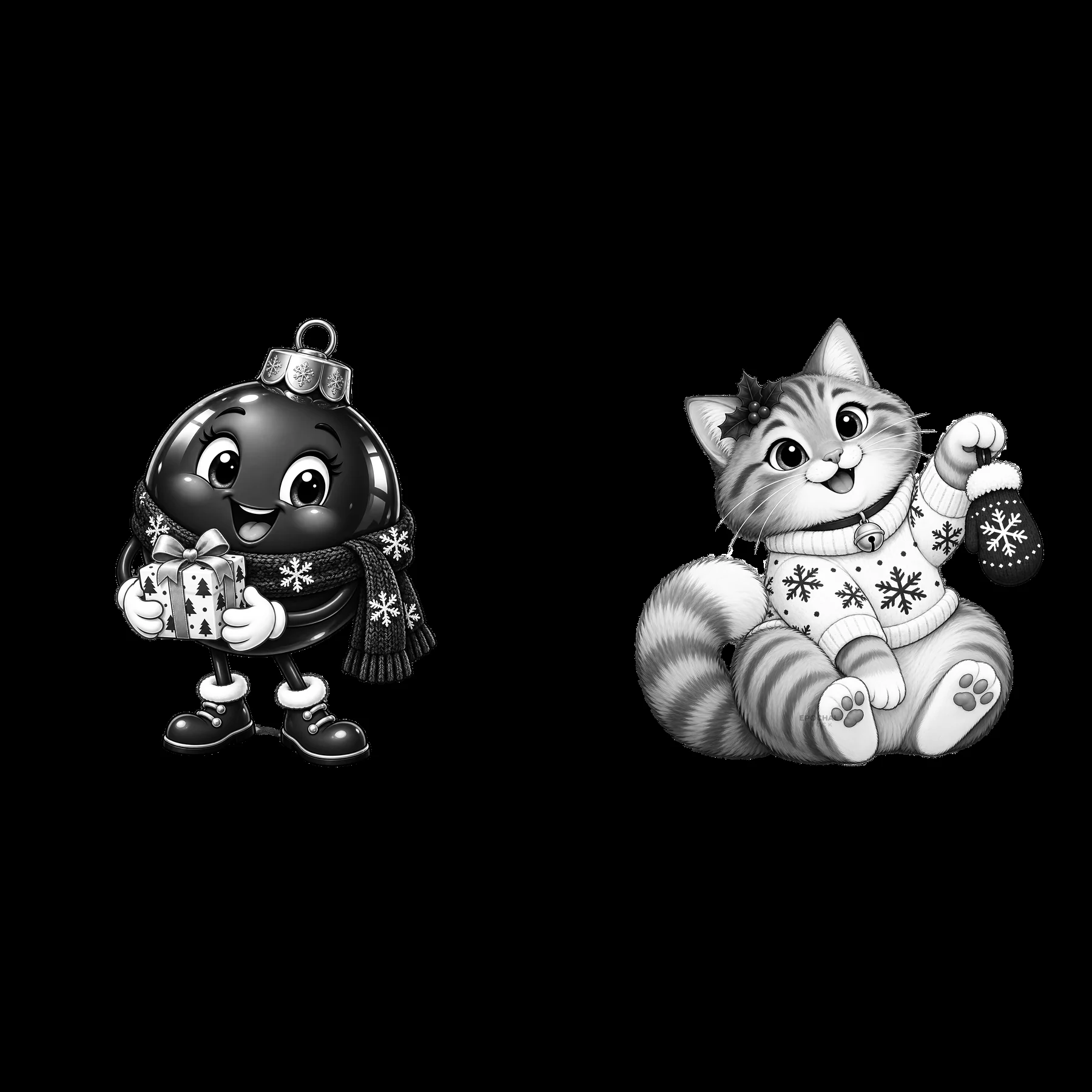 Christmas ornament character and playful cat in winter attire - AI-generated stock image