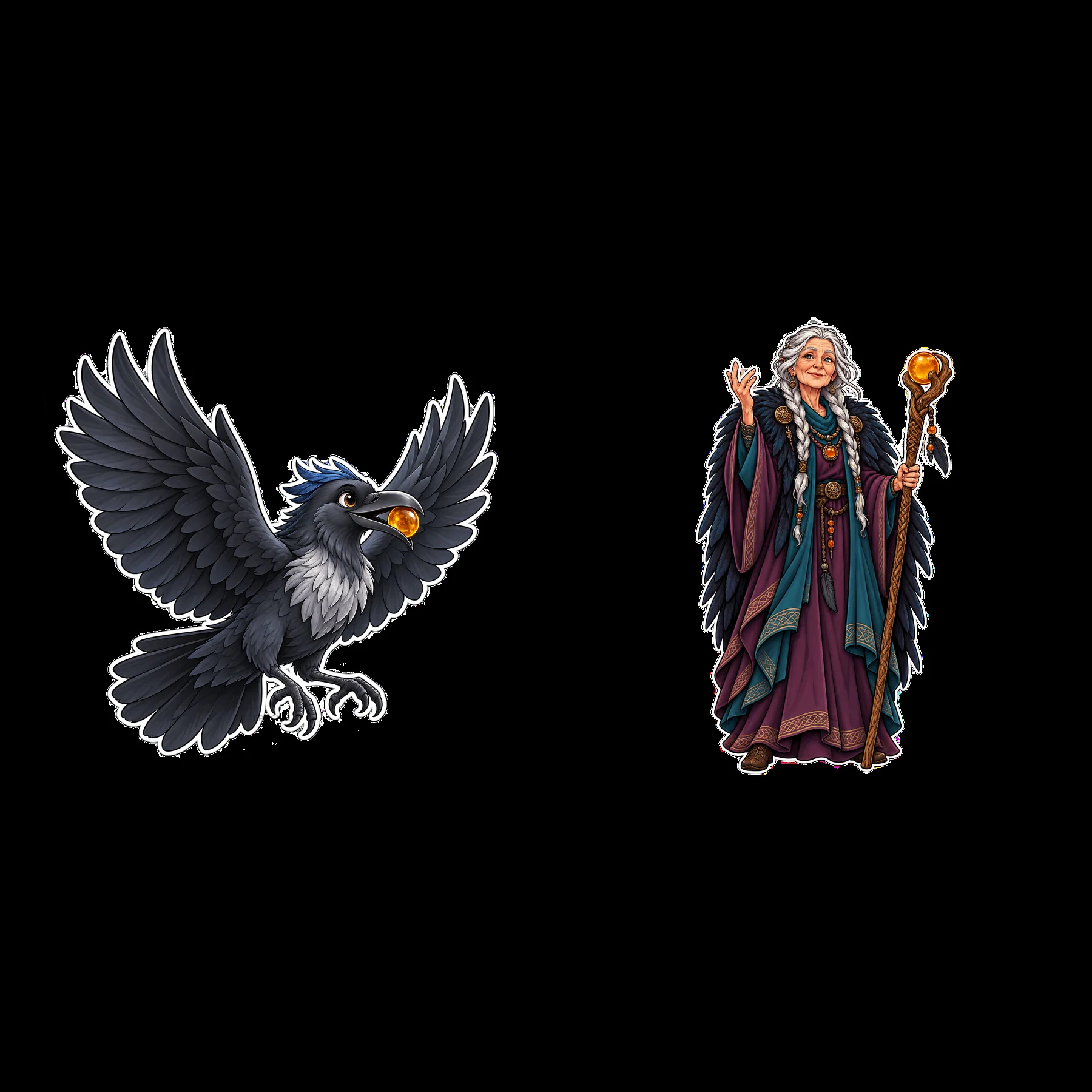Odin and Huginn the raven cartoon sticker illustration - AI-generated stock image