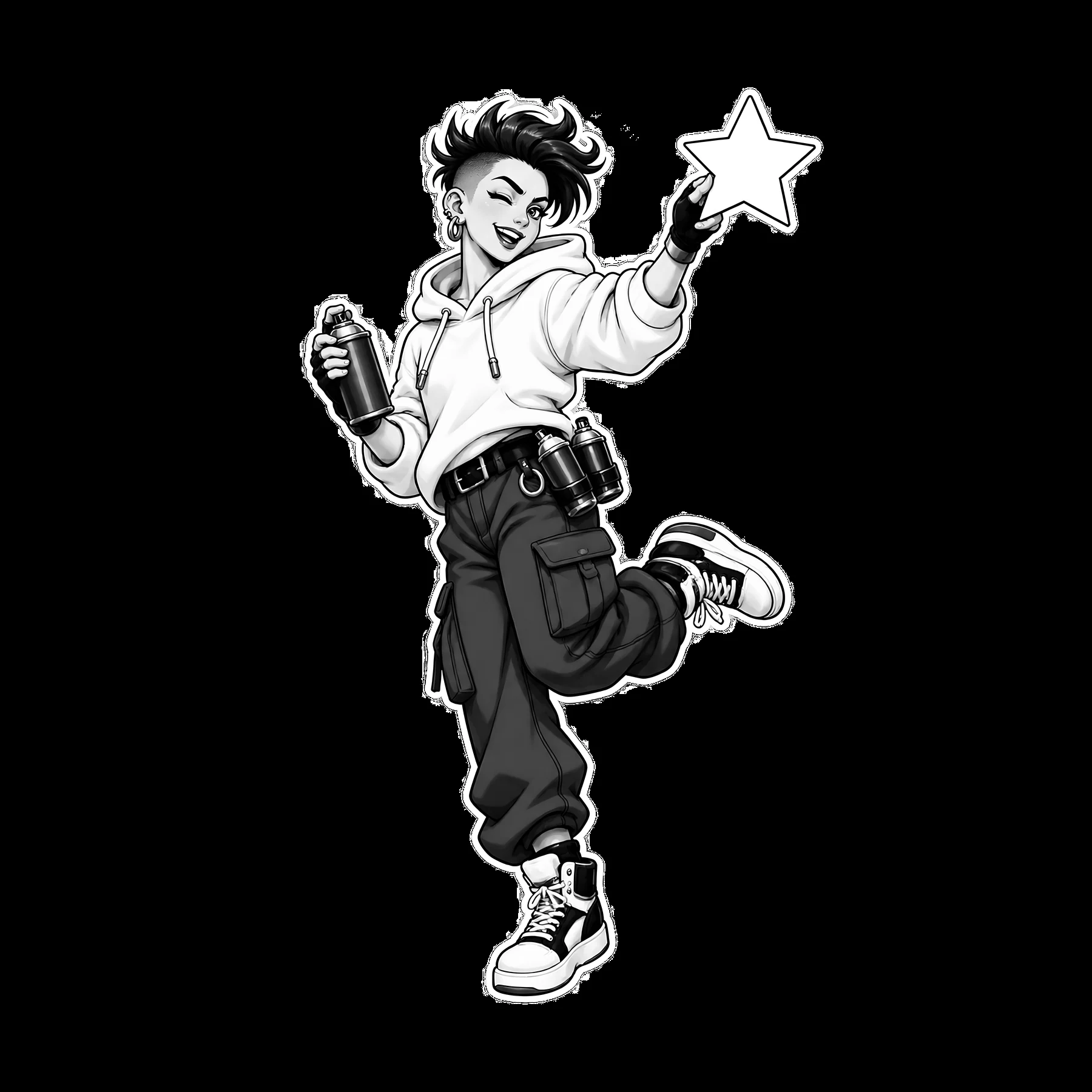 Patriotic graffiti sprayer with star and spray can in black and white - AI-generated stock image