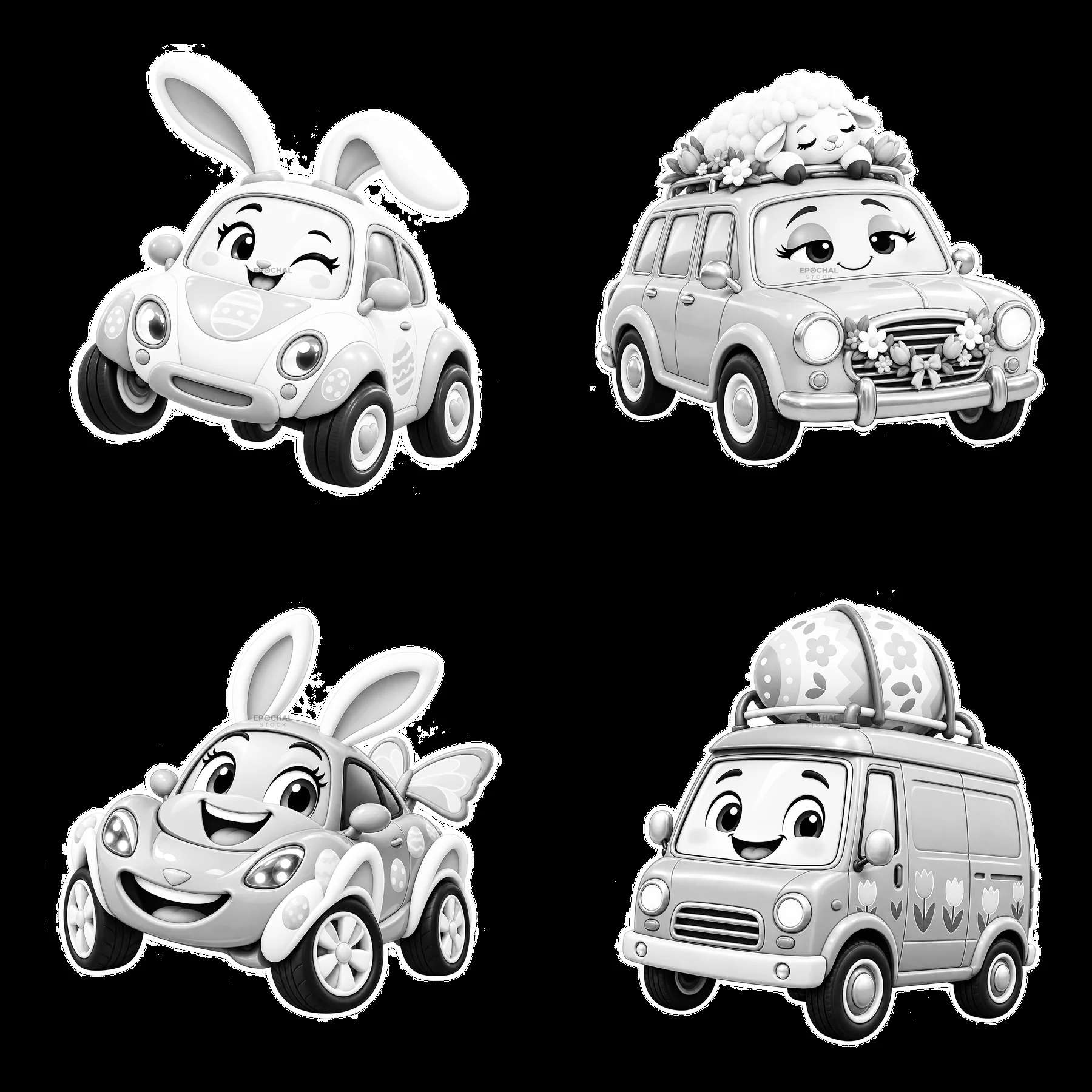 Easter-themed cartoon cars with bunny and egg designs - AI-generated stock image