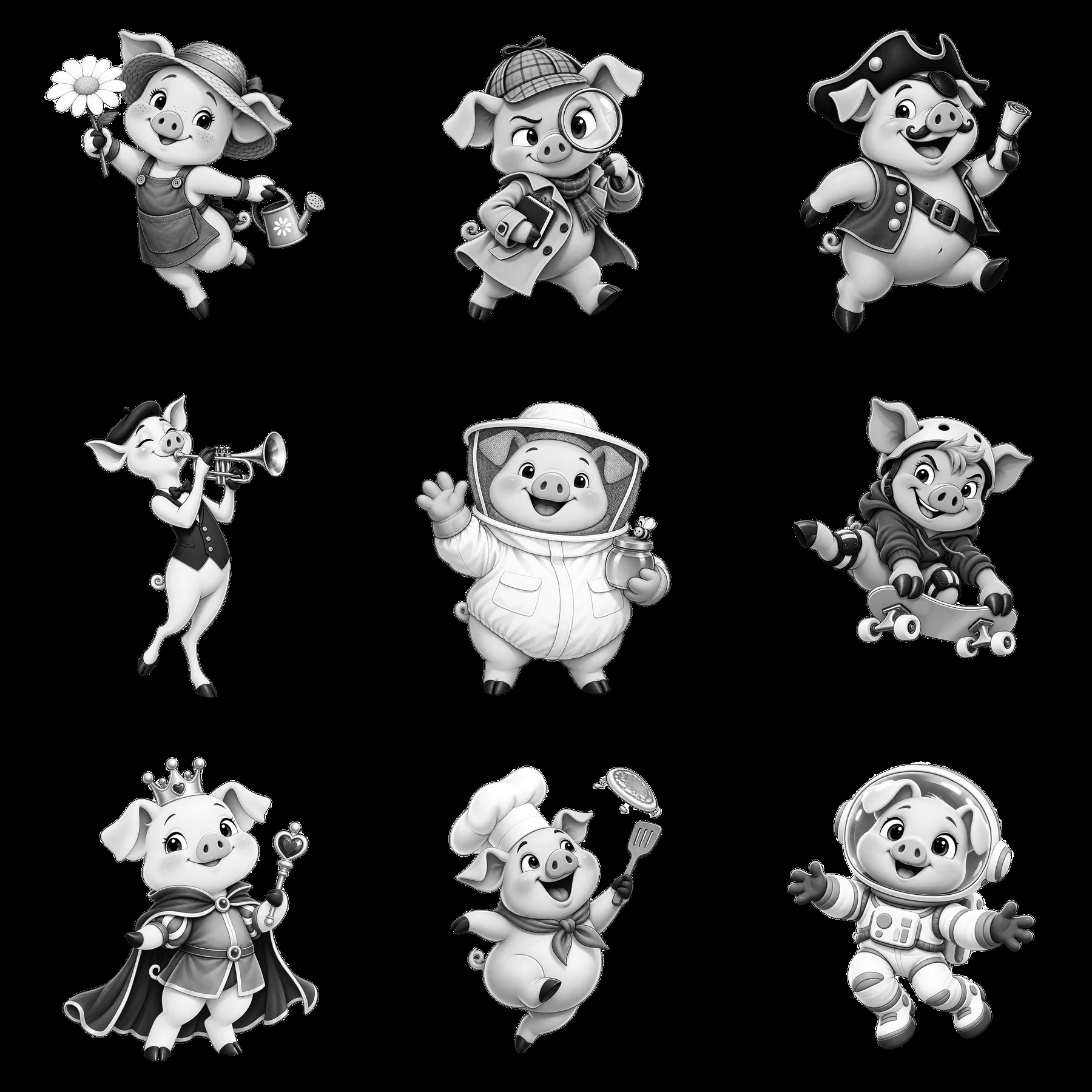 Funny pig characters in various outfits and activities - AI-generated stock image