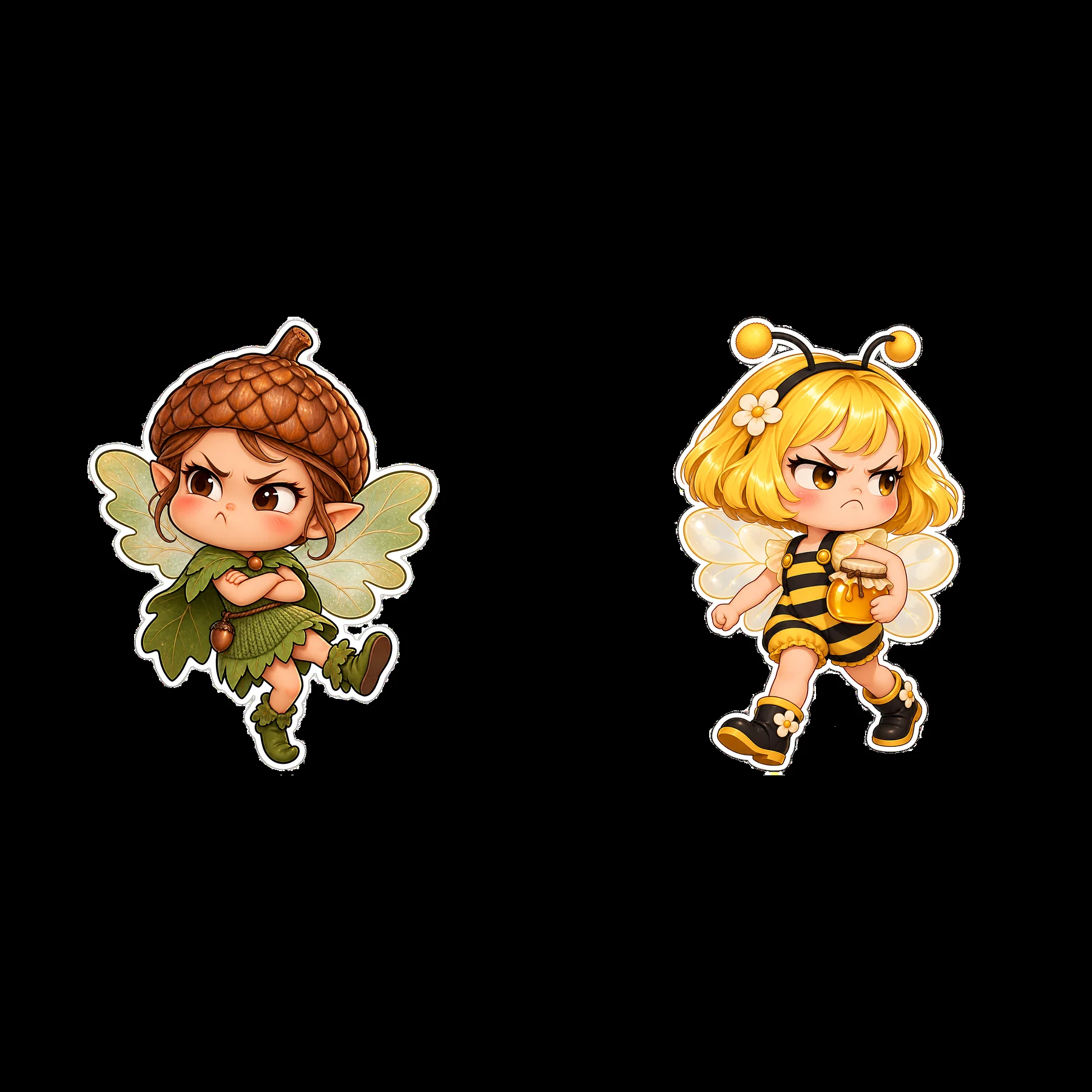 Grumpy fairy and bee character stickers in a playful design - AI-generated stock image