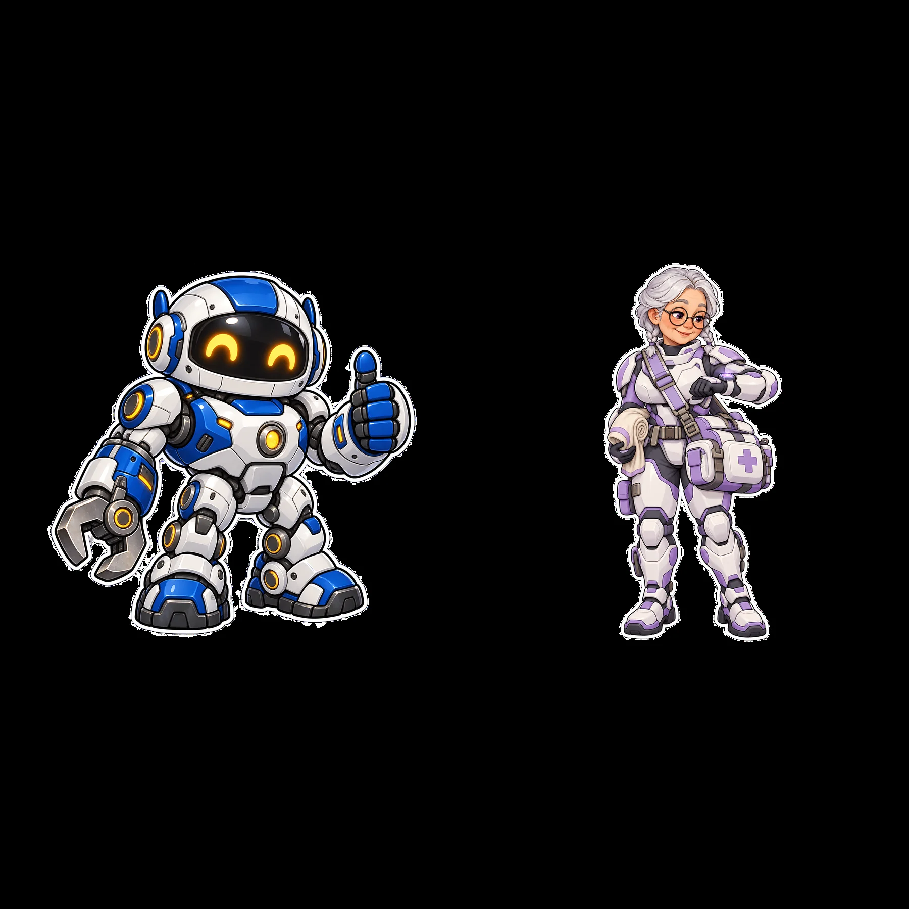 Kawaii futuristic super-soldier robot and medic sticker design - AI-generated stock image