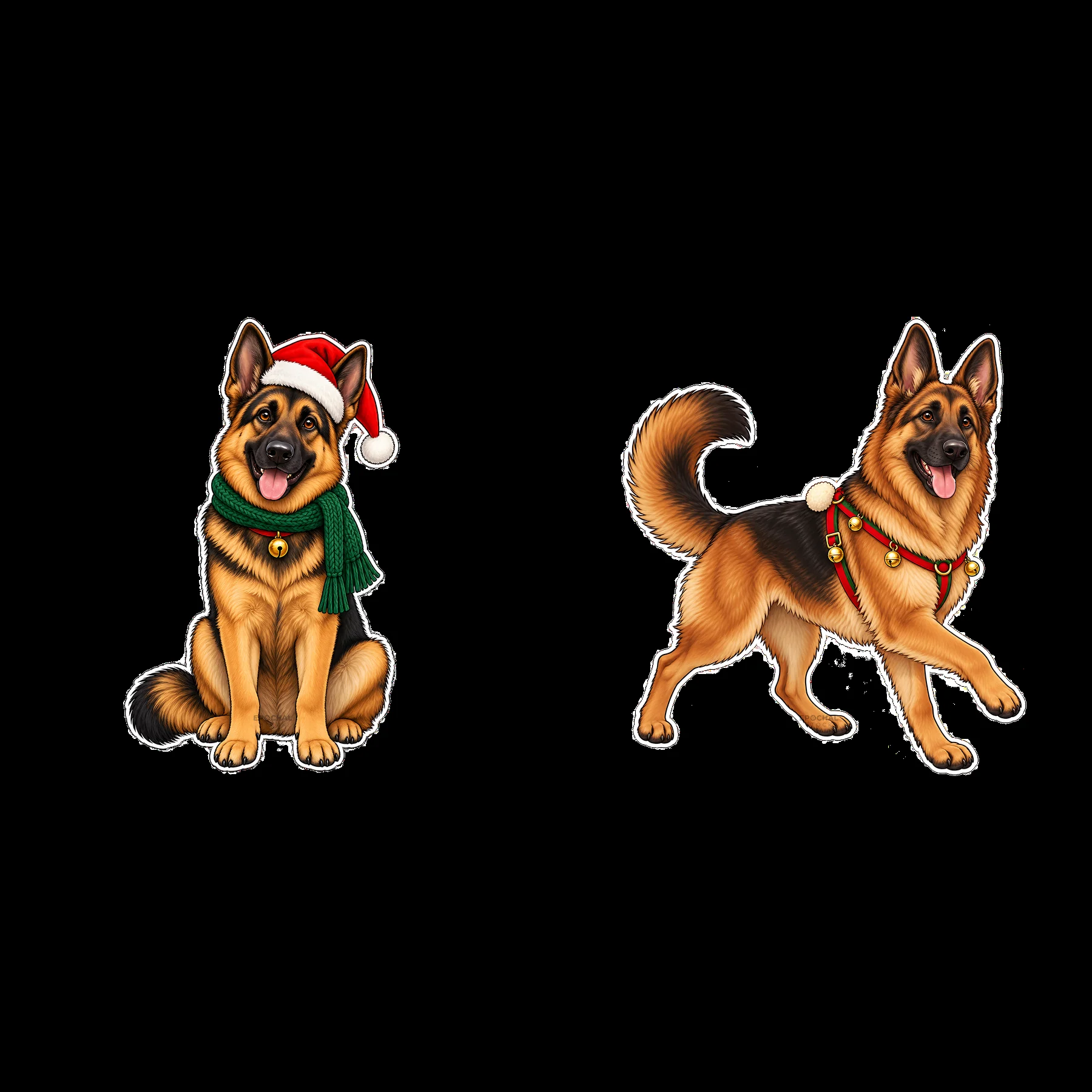 German Shepherds with Christmas accessories in festive poses - AI-generated stock image