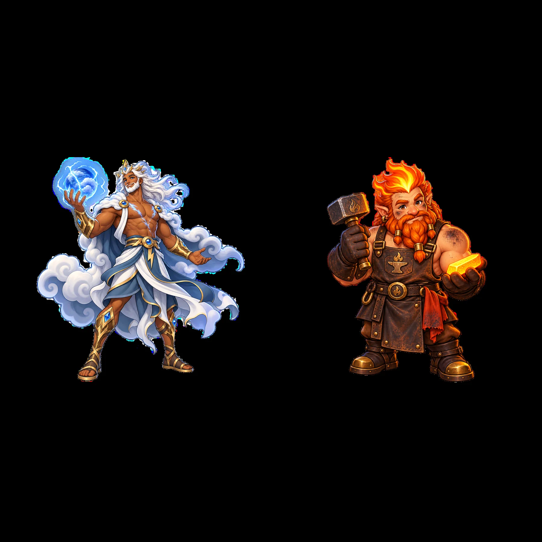 Pagan gods with elements of air and fire in cartoon style - AI-generated stock image