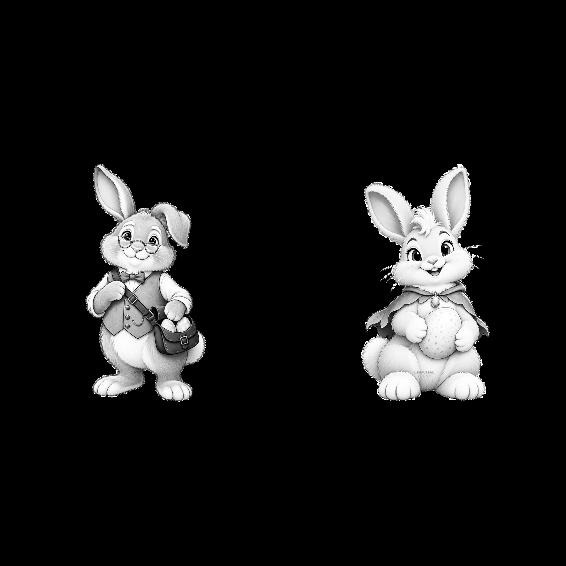 Cartoon Easter bunnies holding accessories in black and white - AI-generated stock image