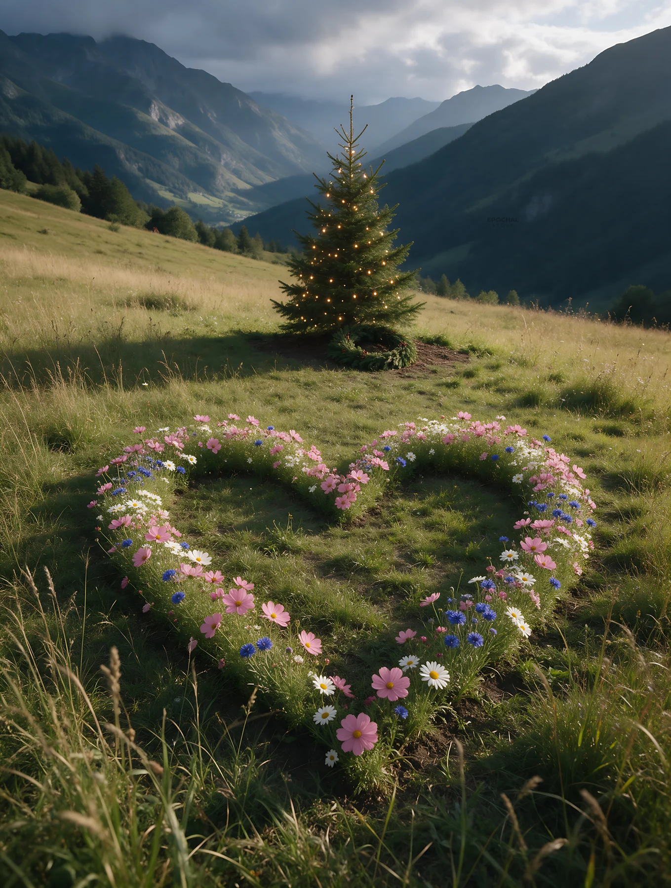 Christmas tree in mountain valley meadow with flower heart shape - AI-generated stock image