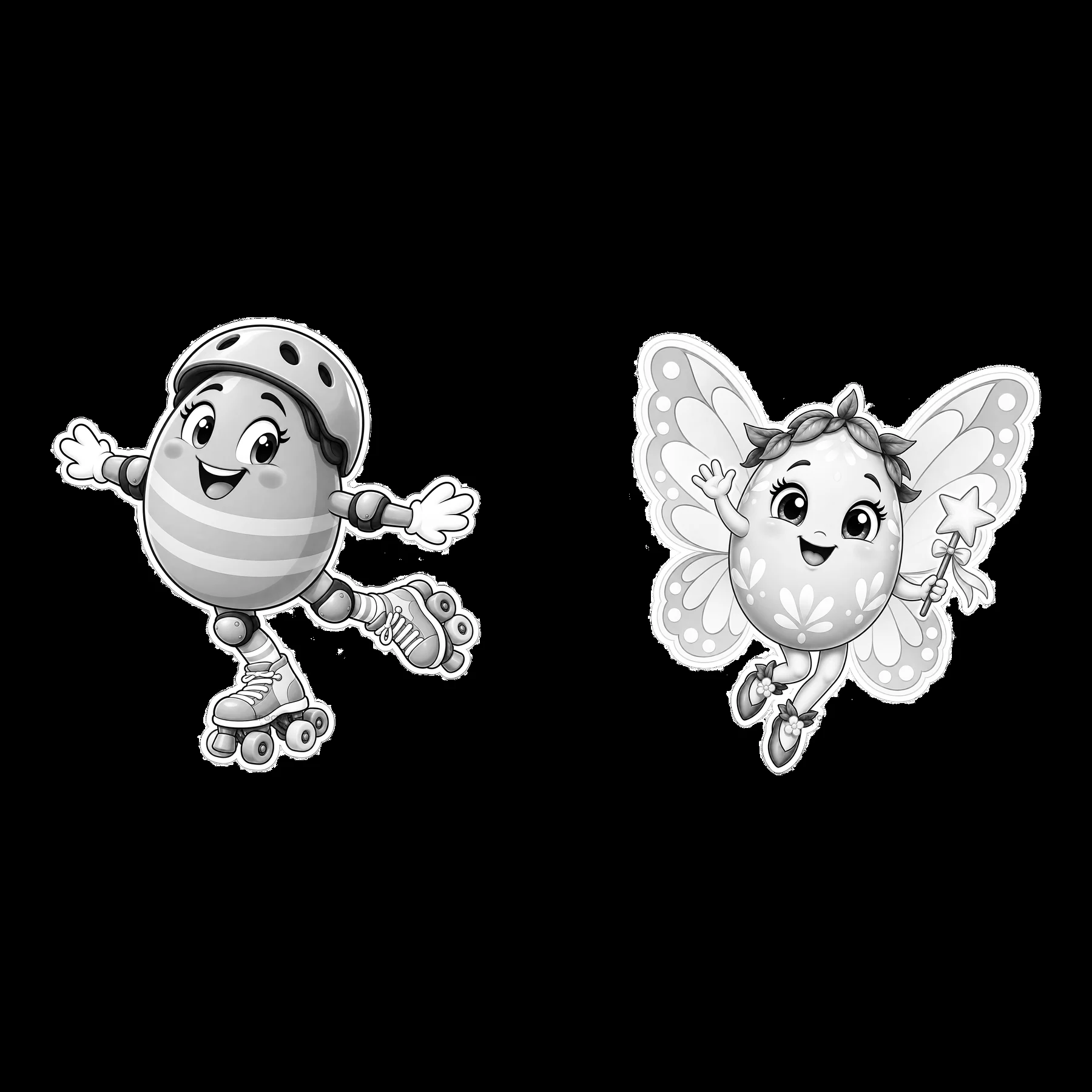 Monochrome two isolated cartoon figure stickers - AI-generated stock image