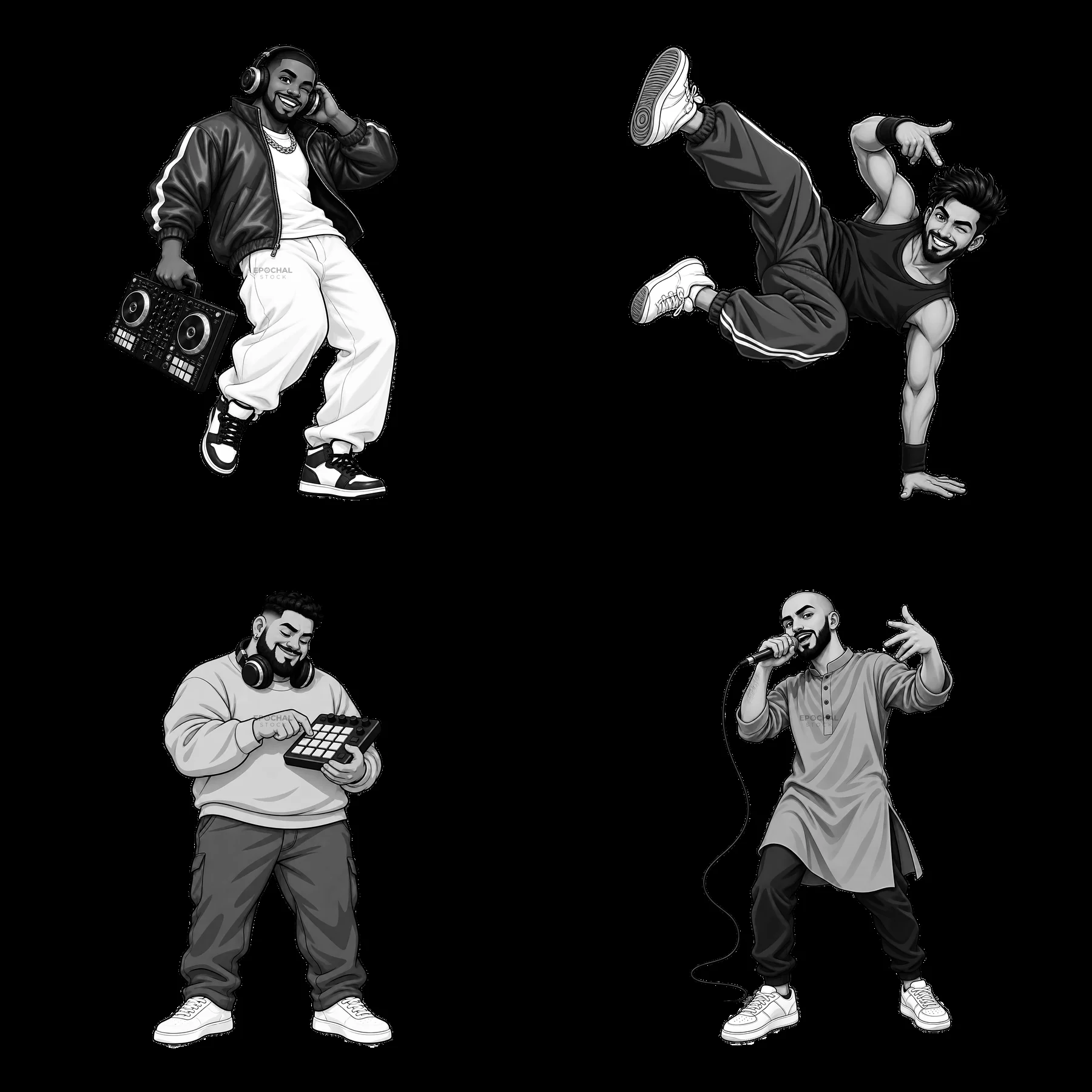 Hip-hop artists in action with music equipment and dance moves - AI-generated stock image