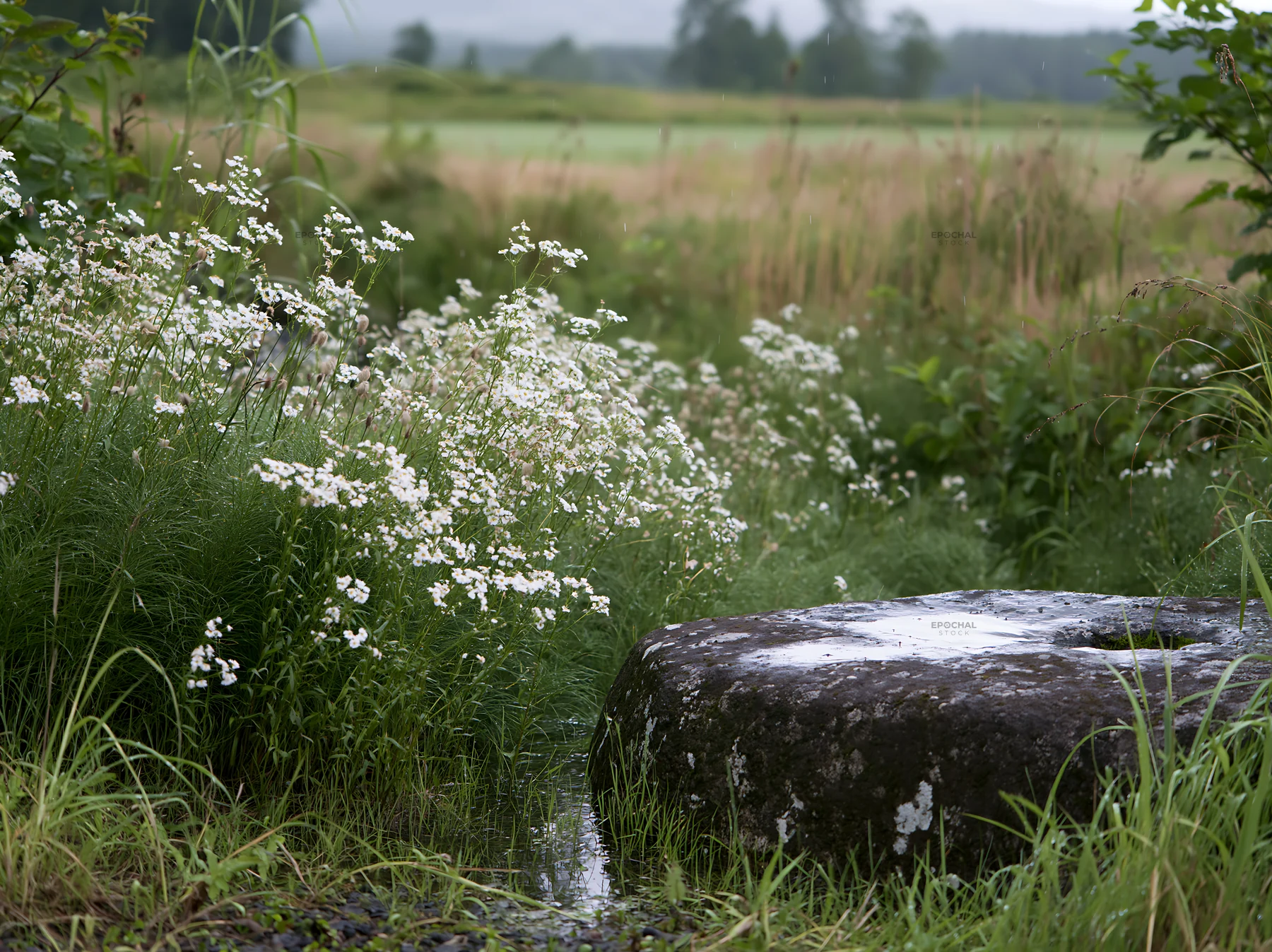 Aomori climate resilient meadow with boulder - AI-generated stock image