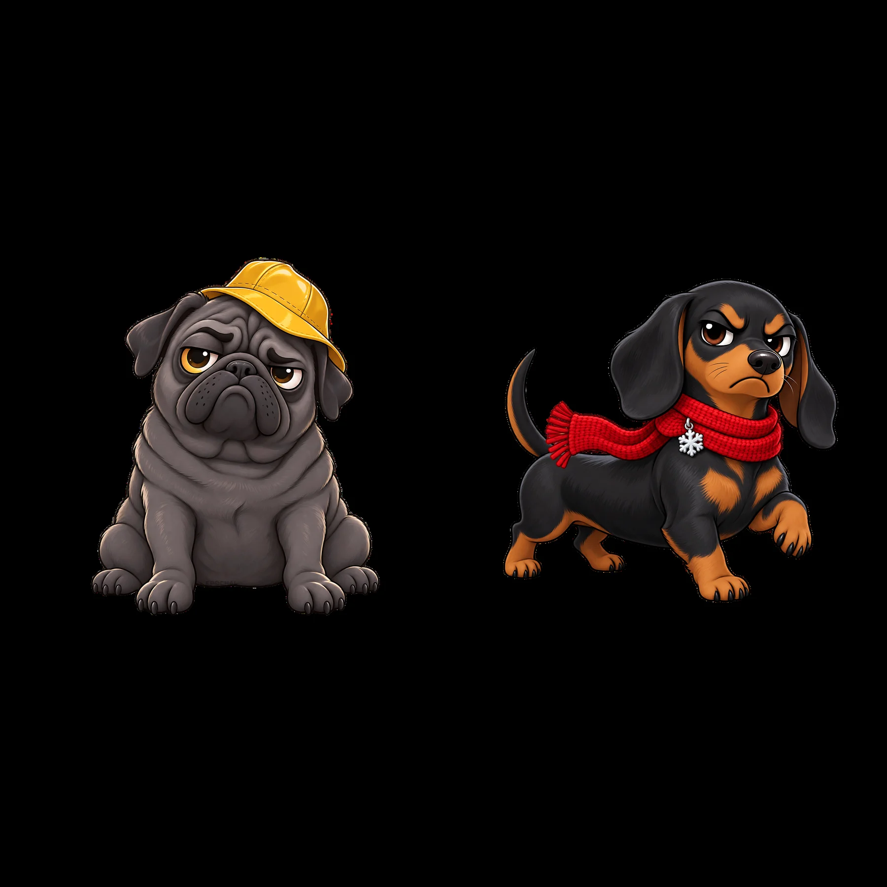 Kawaii grumpy dog duo with hat and scarf in playful pose - AI-generated stock image