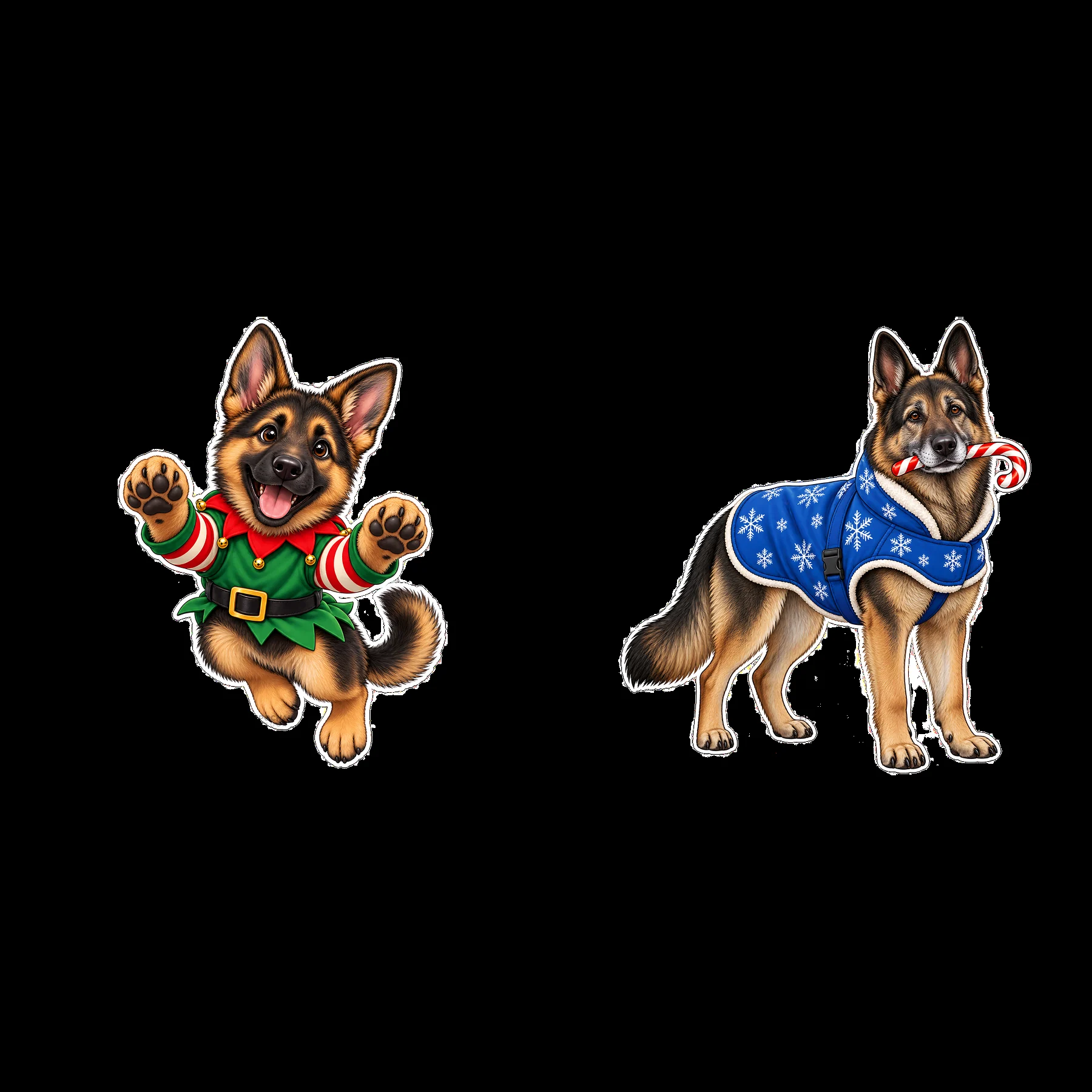 Christmas German Shepherds in festive outfits - AI-generated stock image