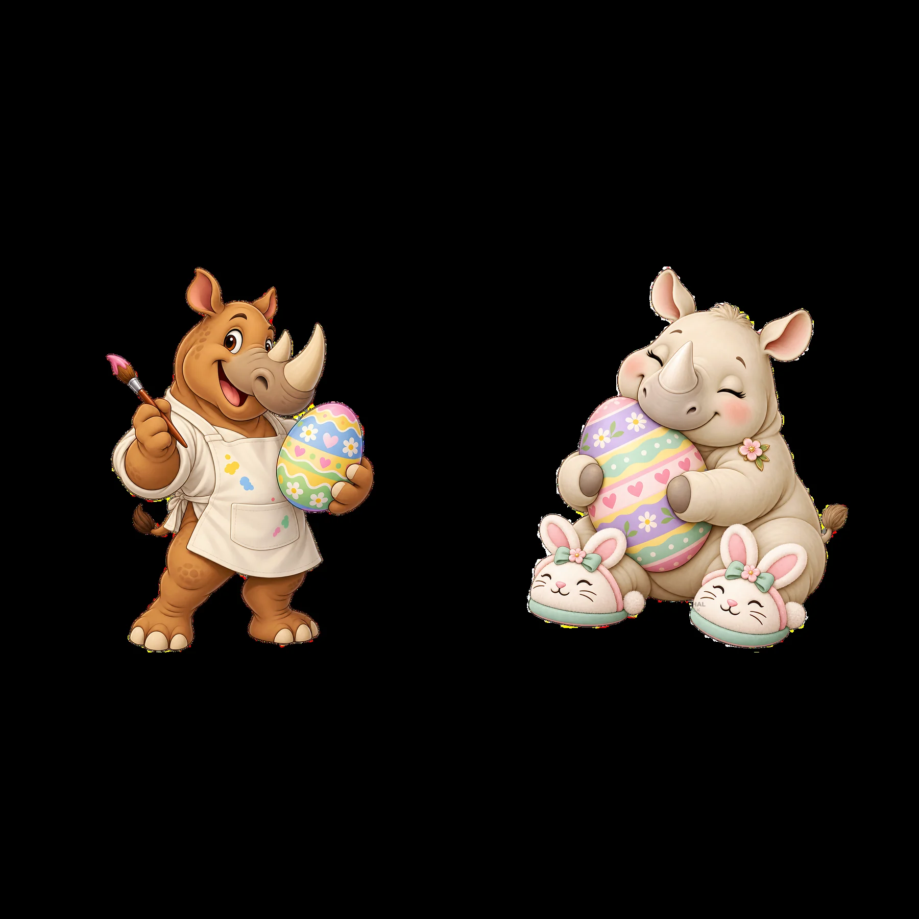 Rhinoceros painting Easter eggs with a cheerful rhino friend - AI-generated stock image