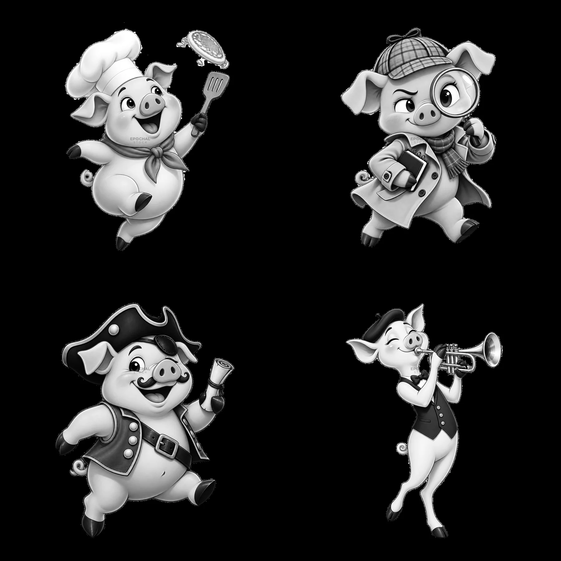 Four playful pig characters in various outfits and activities - AI-generated stock image