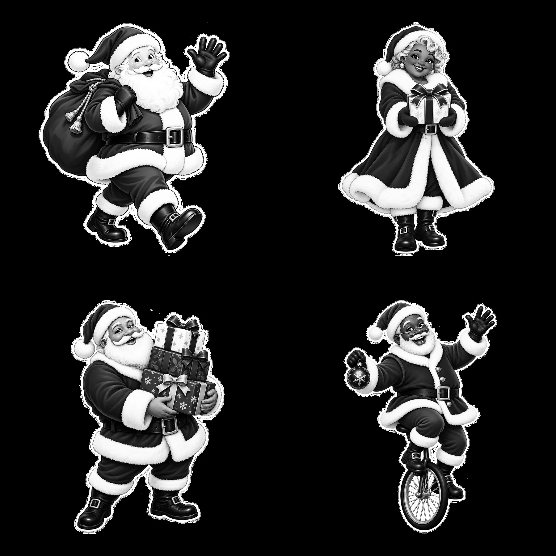 Four cheerful Santa Claus characters with gifts and accessories - AI-generated stock image