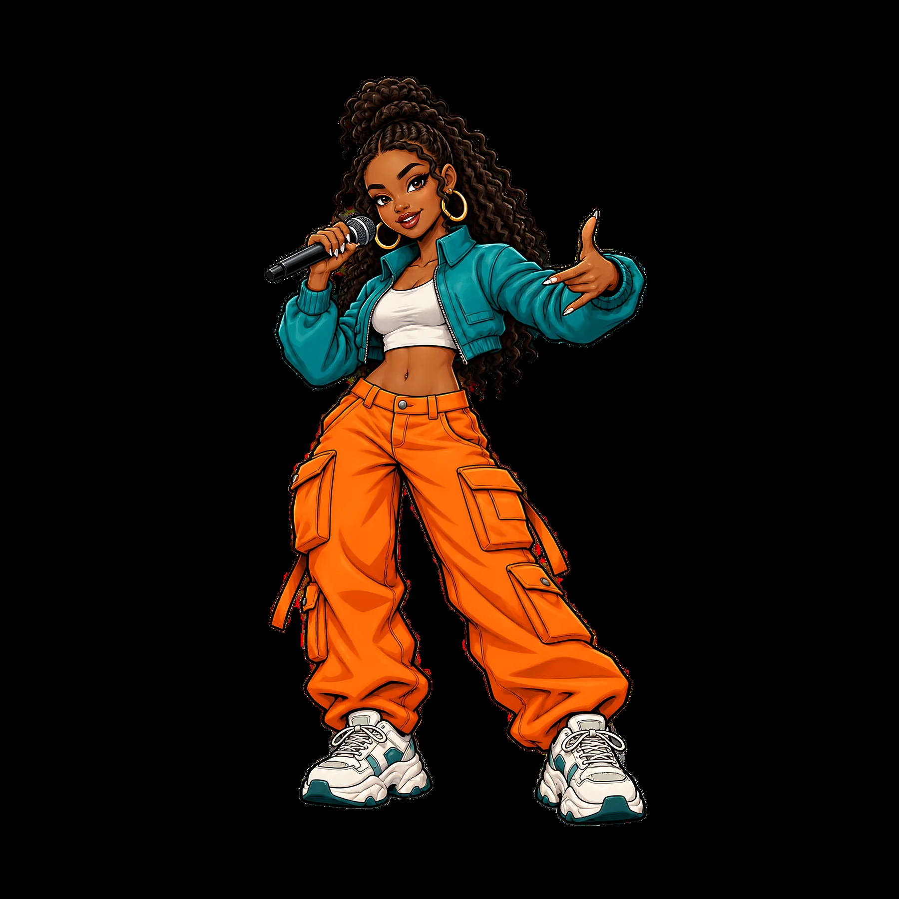 Hip-hop artist performing with microphone in vibrant outfit - AI-generated stock image