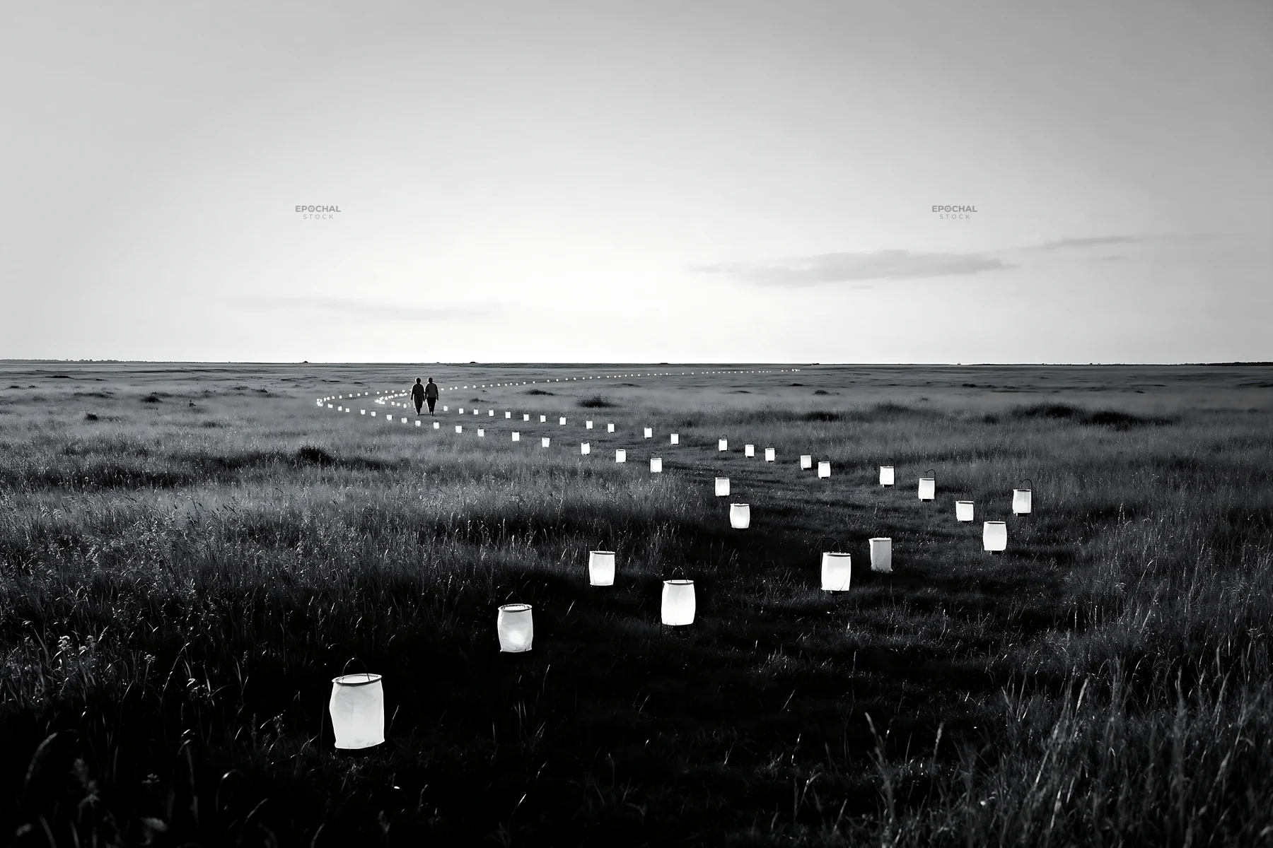 Lanterns glow in a meadow during twilight hours