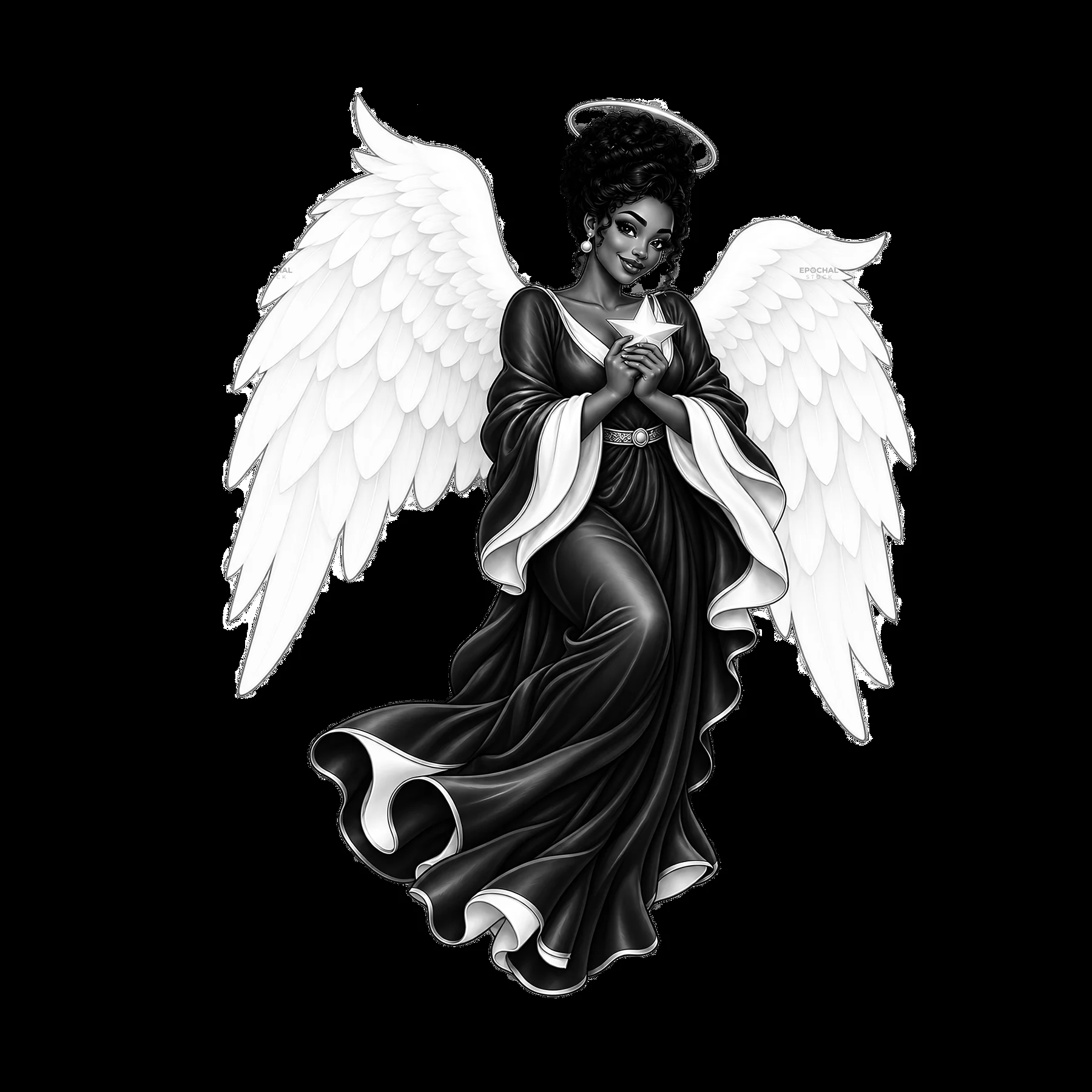 Christmas angel holding a star with large wings in black and white - AI-generated stock image