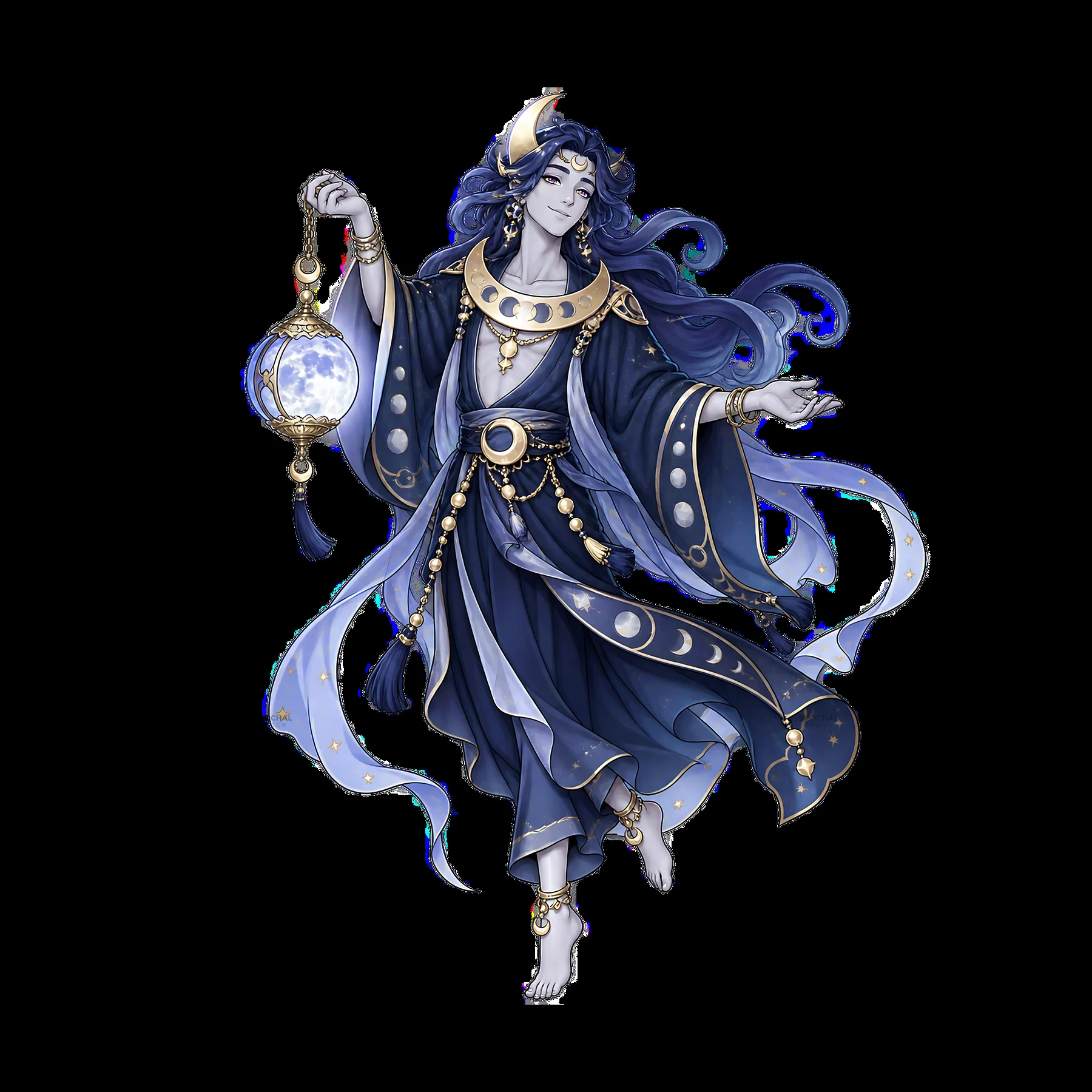 Pagan god holding a glowing lantern with moon and stars - AI-generated stock image