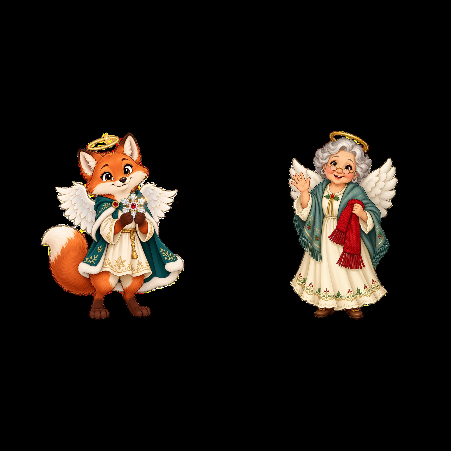 Christmas angel fox and old lady sticker illustration pair - AI-generated stock image