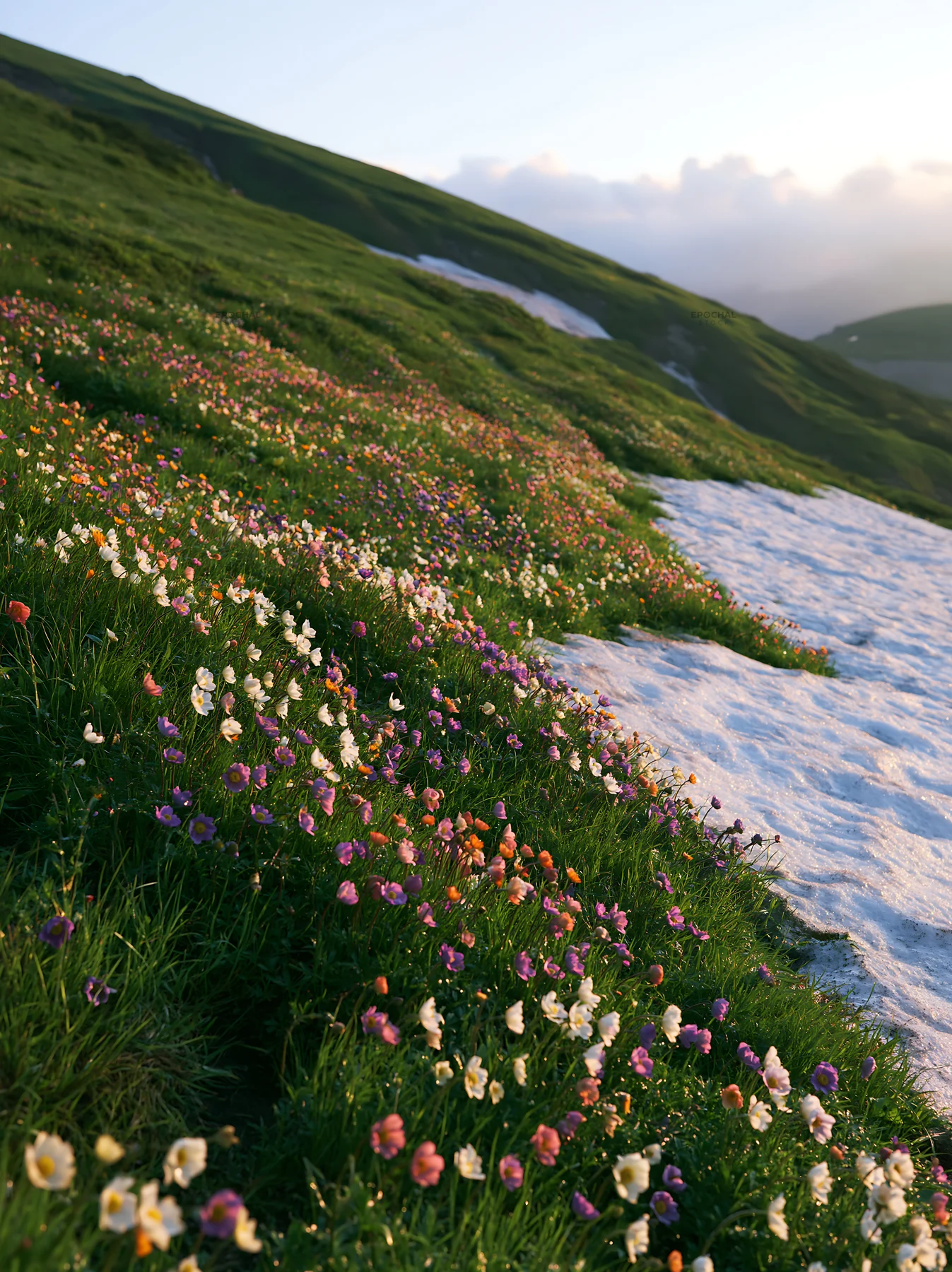 Snowdrift meadow with flowers and melting snow - AI-generated stock image