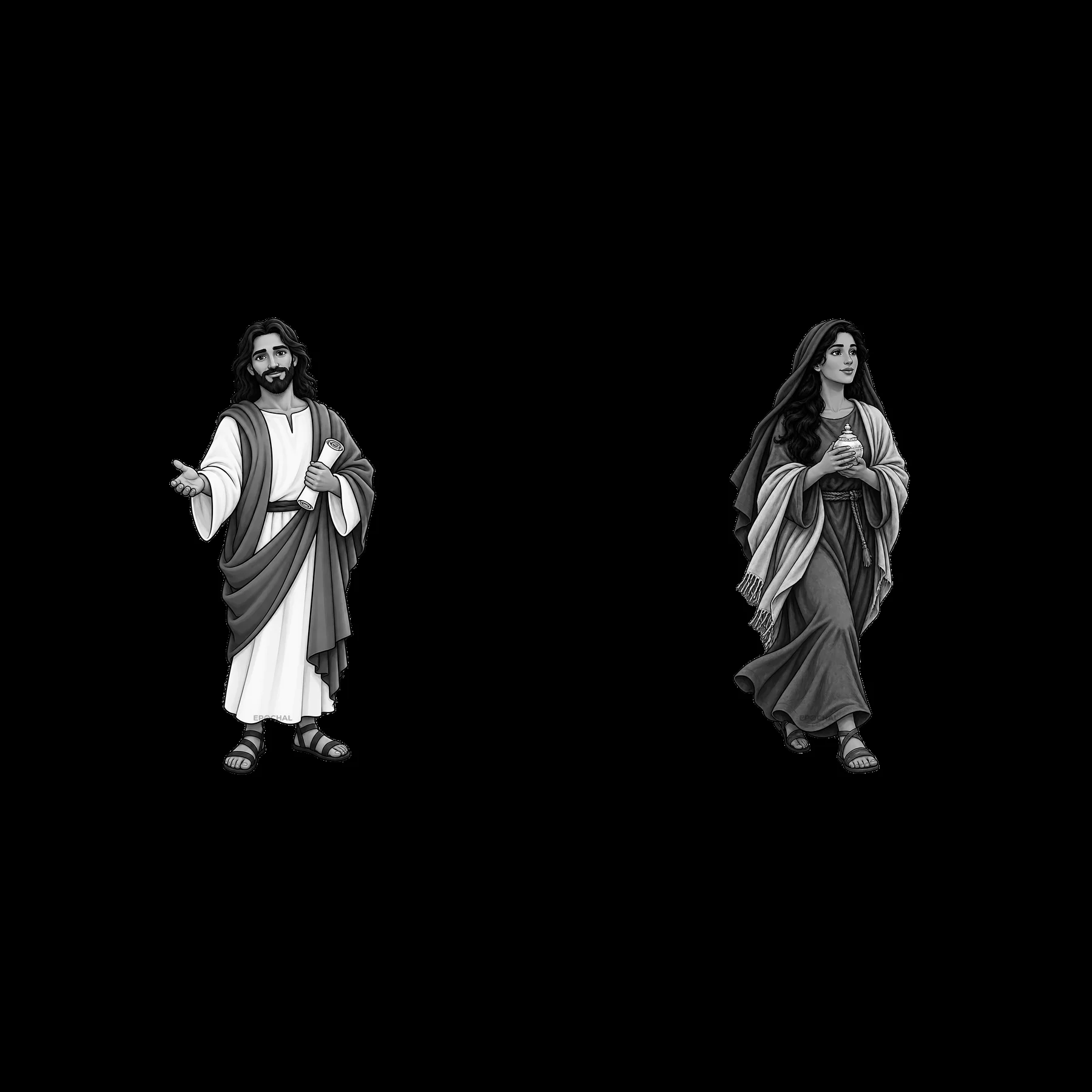 Jesus and a woman walking together in black and white illustration - AI-generated stock image