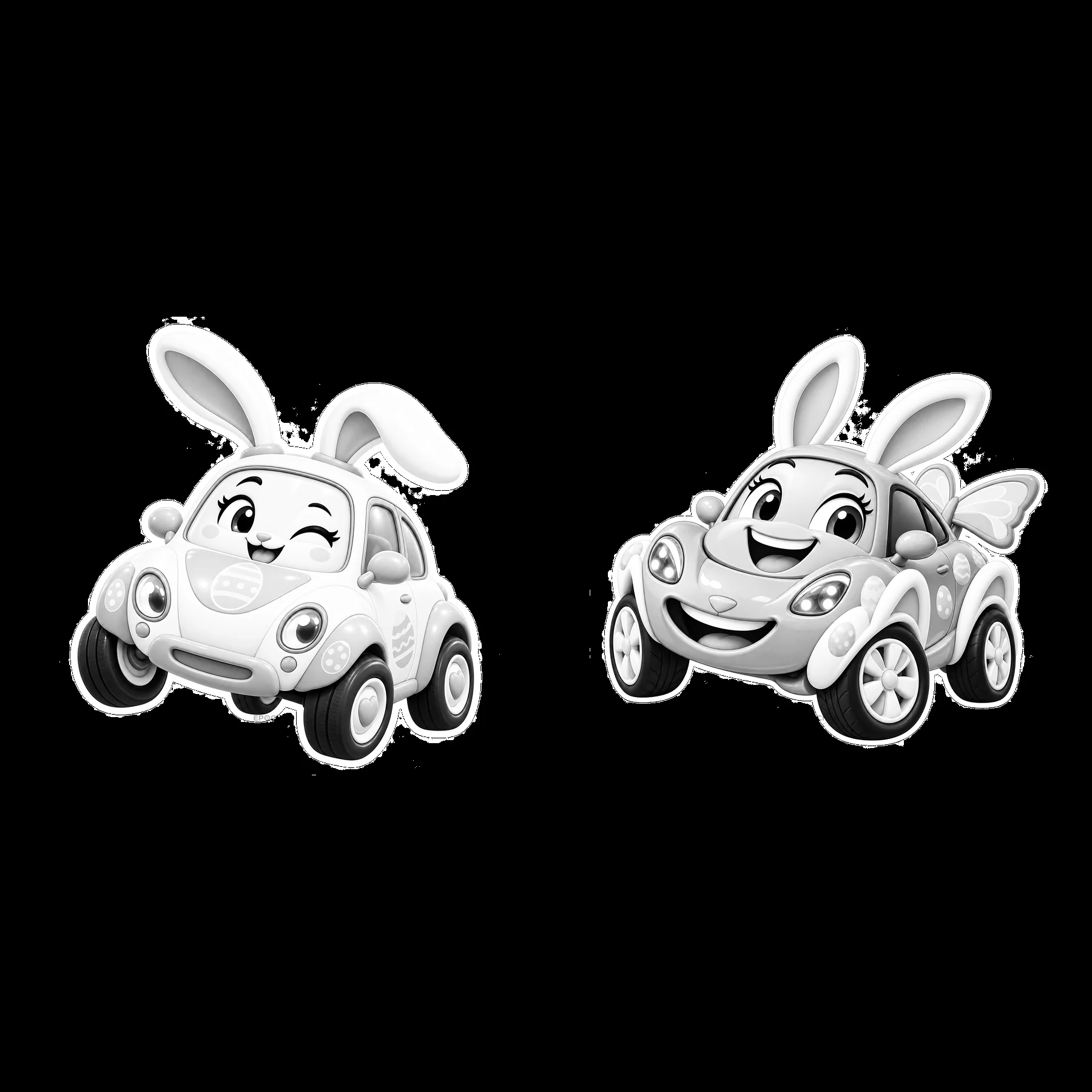 Cartoon Easter cars with bunny ears in black and white - AI-generated stock image
